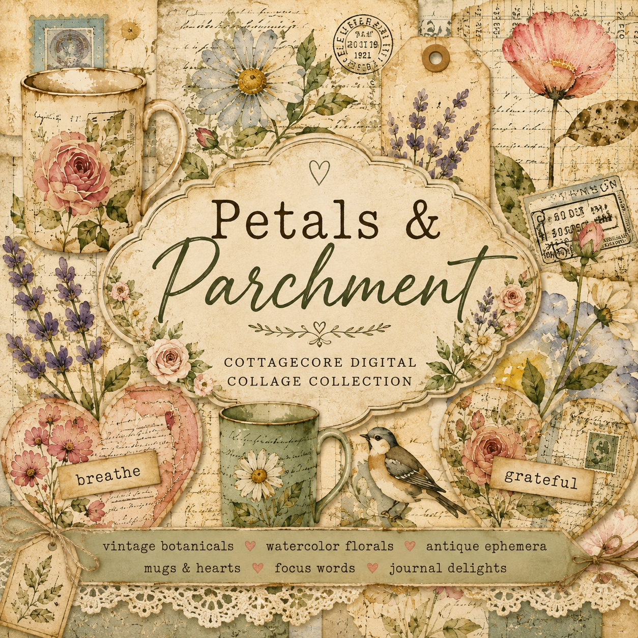 Petals & Parchment- 6 Page PDF Collage Sheets