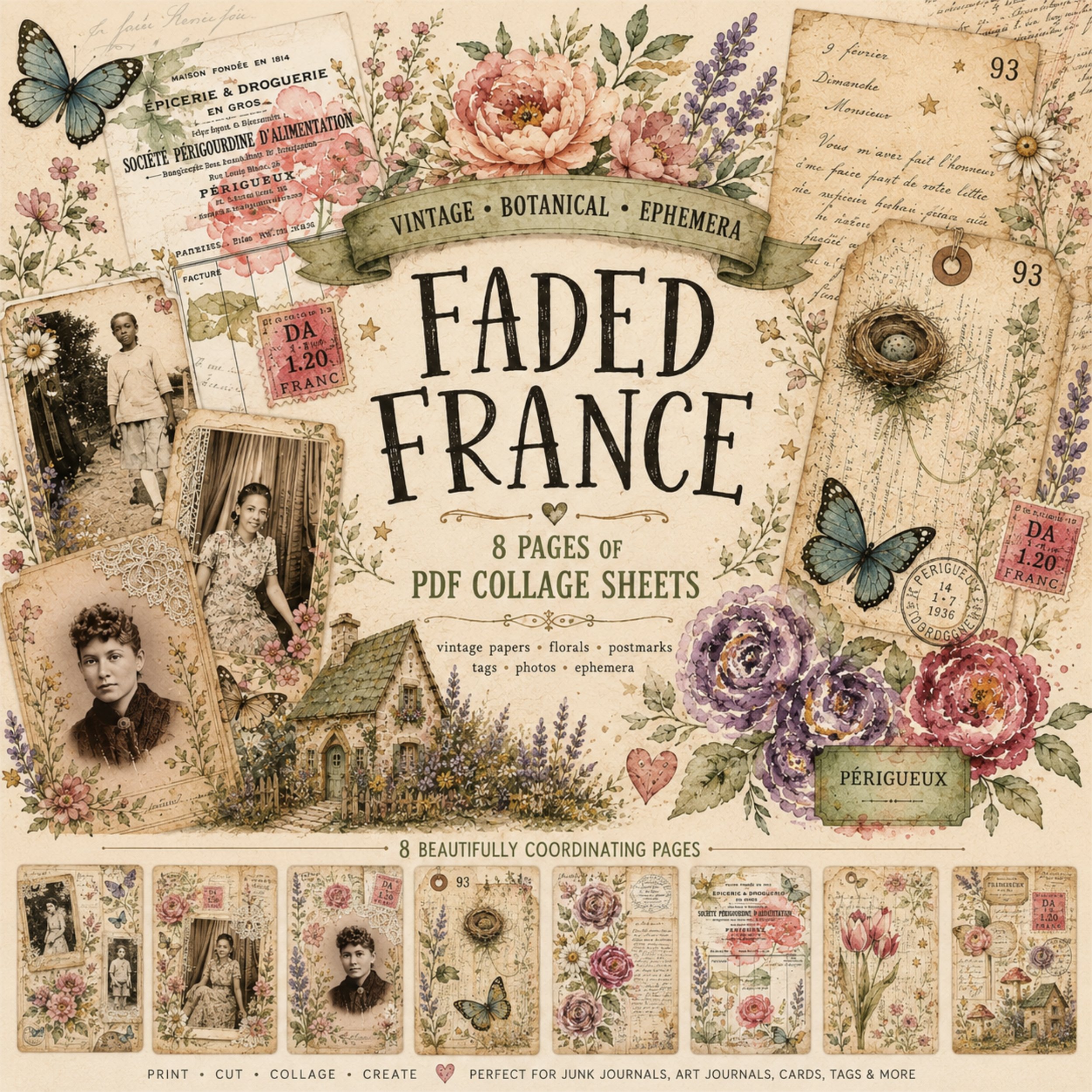 Faded France - 8 PDF Collage Sheets