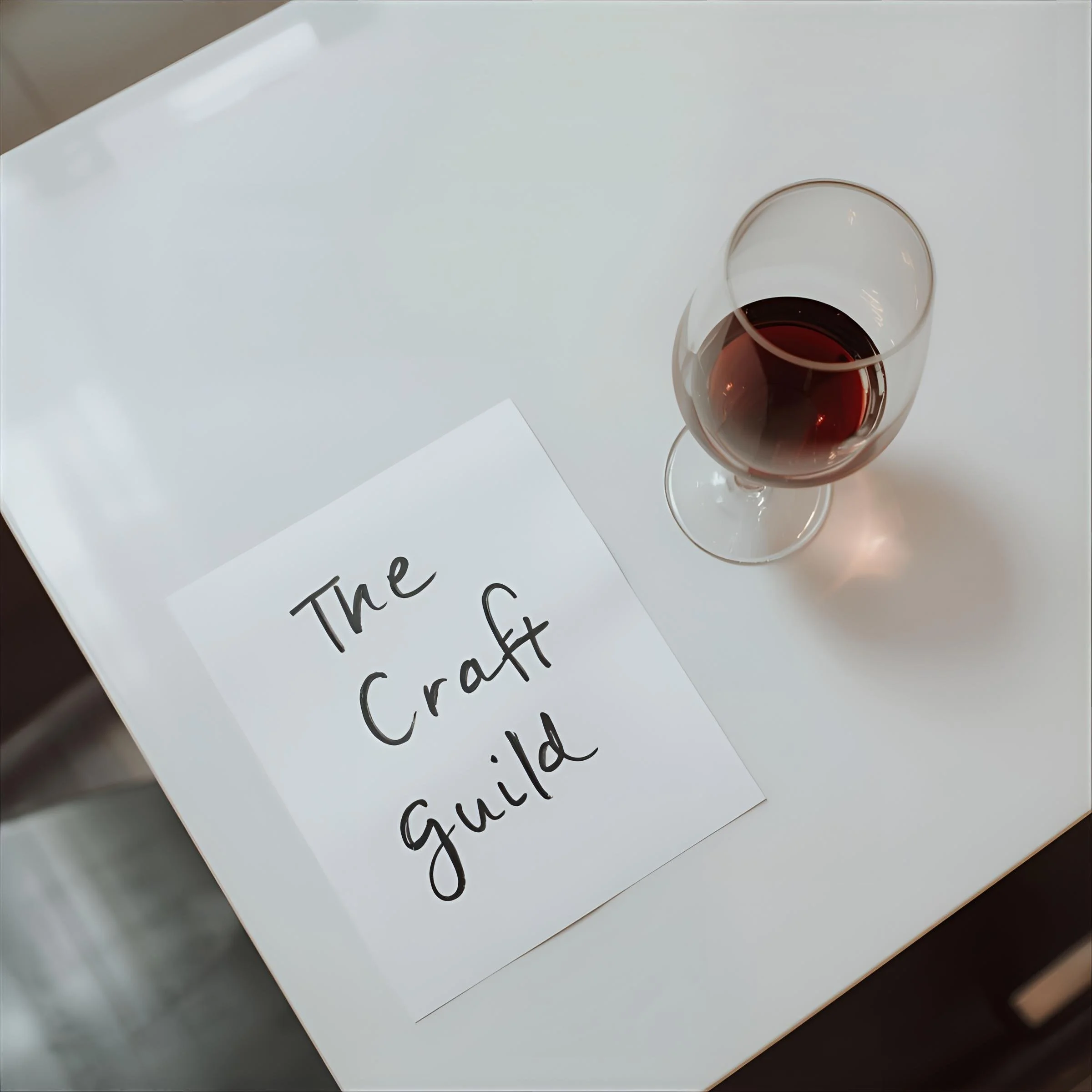 a handwritten note on a white paper placemat saying_The Craft Guild__there is also a glass of wine  and it is a clean white aesthethic with stainless steel table.jpg