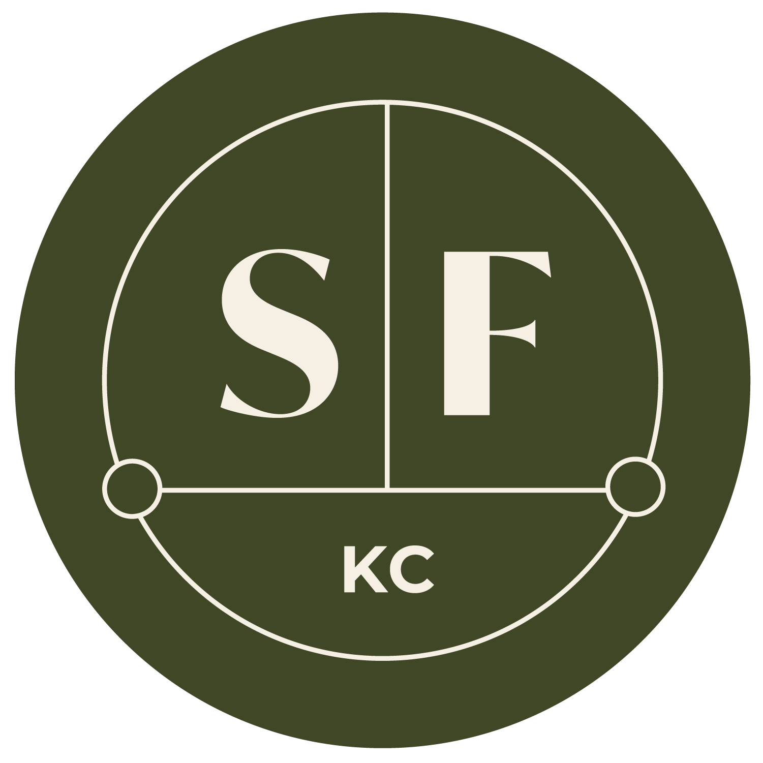 Circular logo with dark green background, white border, and text 'SF' at the center; smaller 'KC' below; two small circles at bottom left and right.
