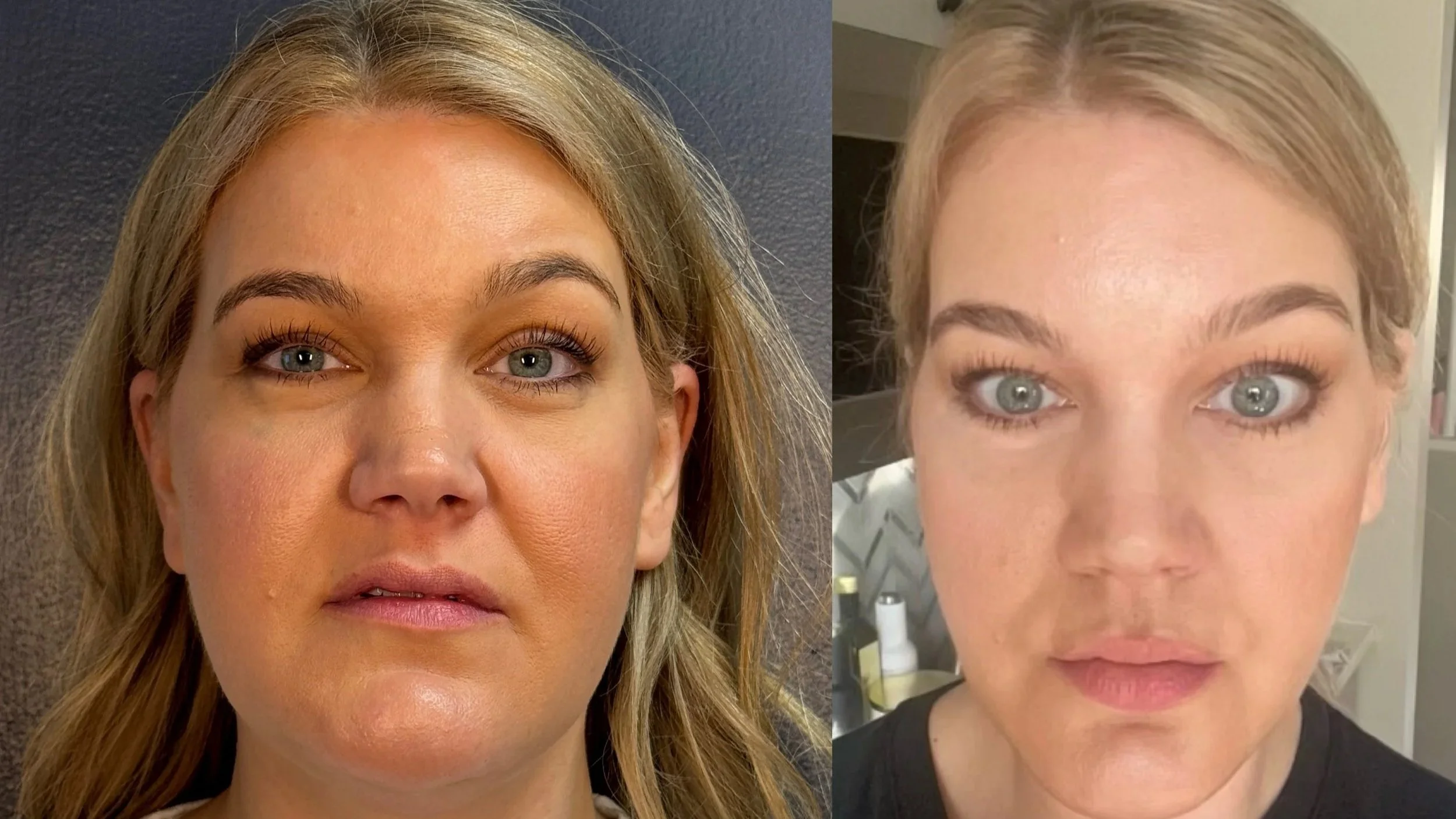 Comparison of two women focusing on their faces with visible makeup and hairstyles.