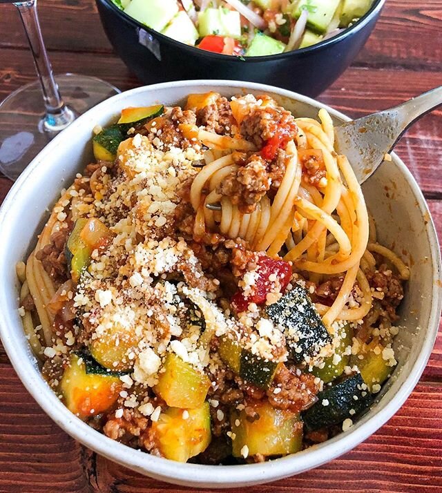 A spaghetti inspired by my grandma&rsquo;s spaghetti growing up. She would use a basic Ragú sauce with ground beef and a variety of veggies you wouldn&rsquo;t usually add to a pasta. I added some zucchini, ground beef, extra tomatoes, and topped wit