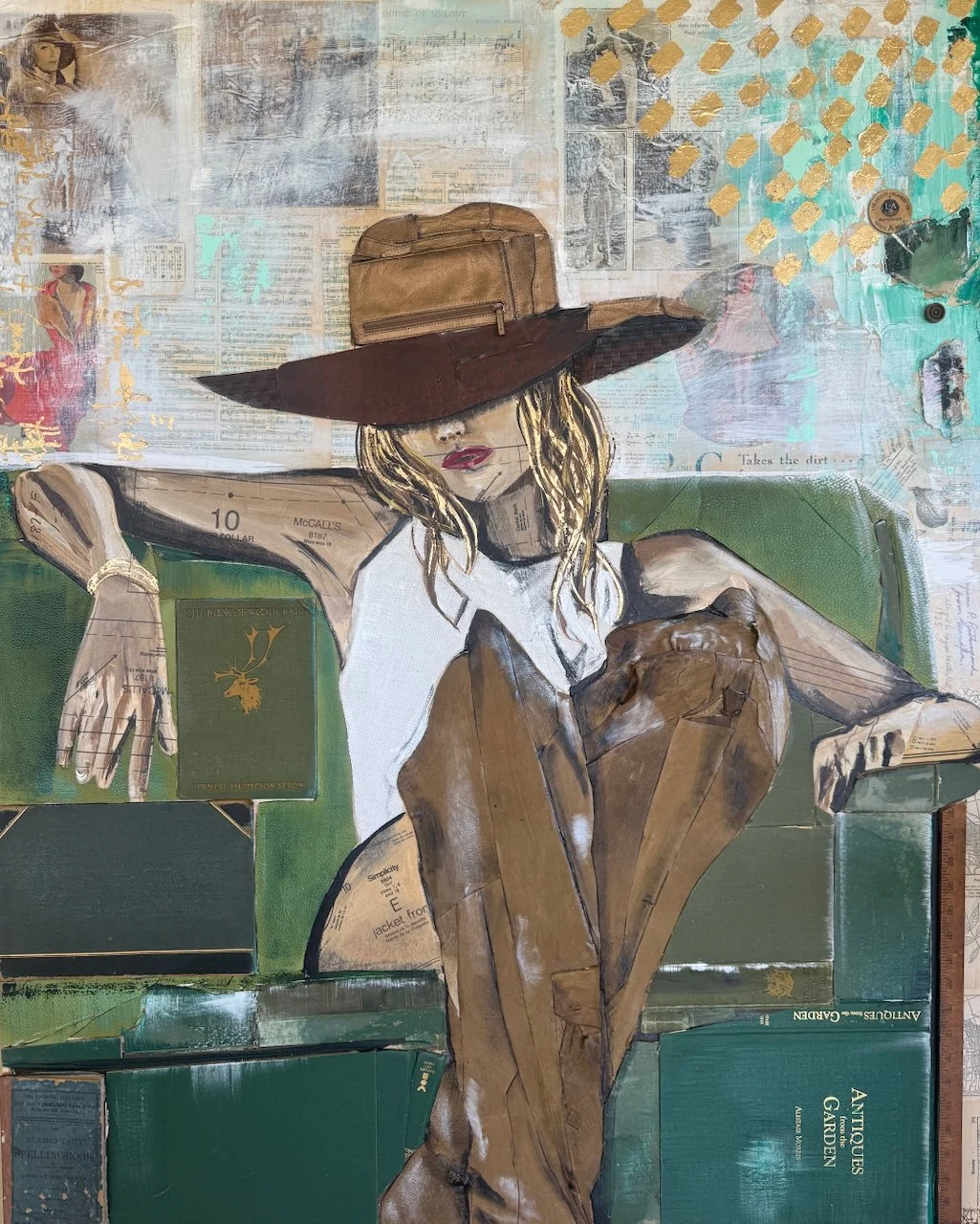 (LC Jules Place 11-4-25 via PM Trans)  Kelsey Irvin     %22Garden of Eden%22     Vintage ephemera, oil, acrylic, fabric, found object, and gold leaf on panel     50x40     $10,200.00.jpeg