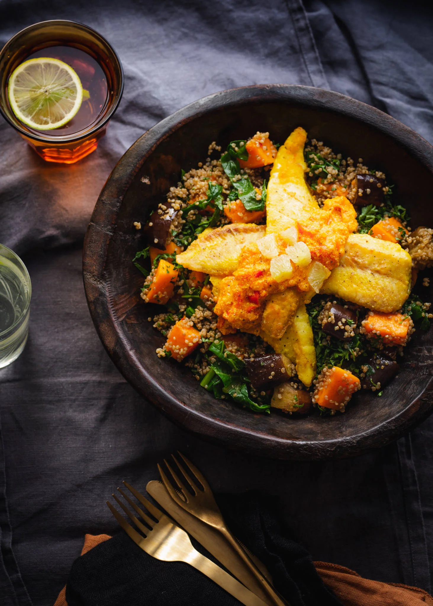 Spiced fresh panfried terakihi on quinoa
