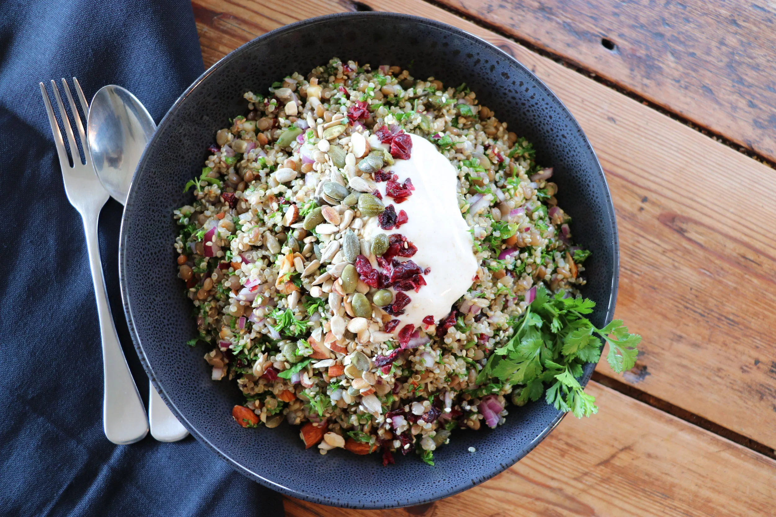 Crunchy Quinoa and Herb Salad with a Cumin Yoghurt Dressing