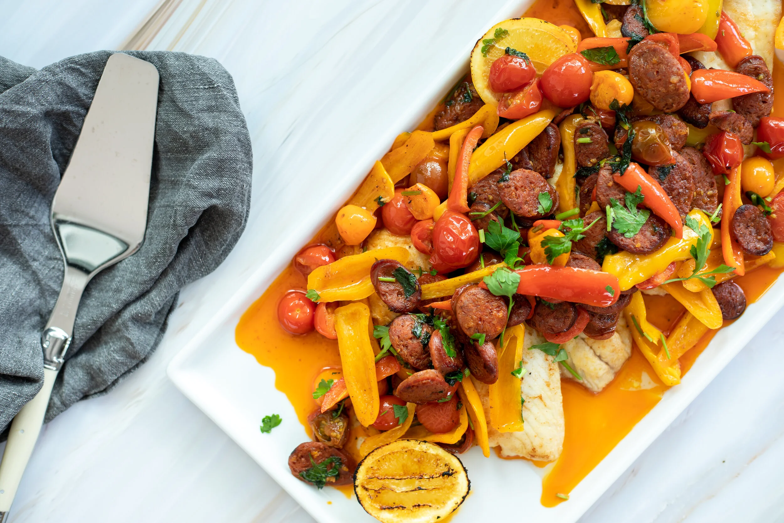 Fish with Chorizo, Tomato and Capsicum