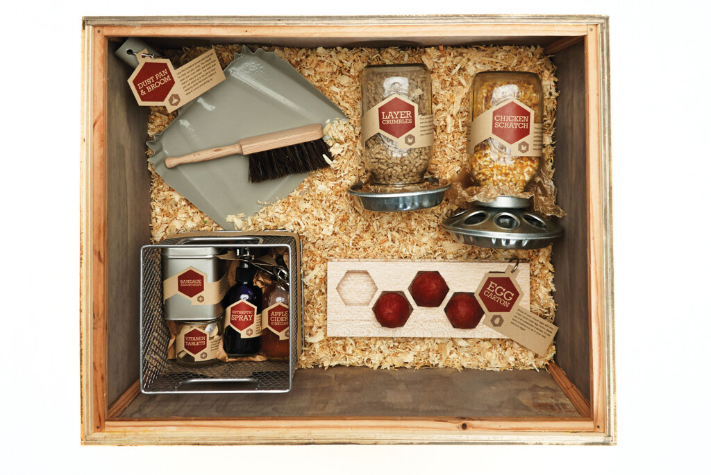 When a customer opens the box, they will find all the items housed in wood shavings – a very common bedding used inside of chicken coops. Every item includes a label that is part of the entire visual system and contains information about what it is