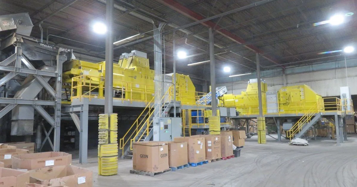 Installed metal recycling sorting line with integrated machinery, controls, platforms, and facility infrastructure