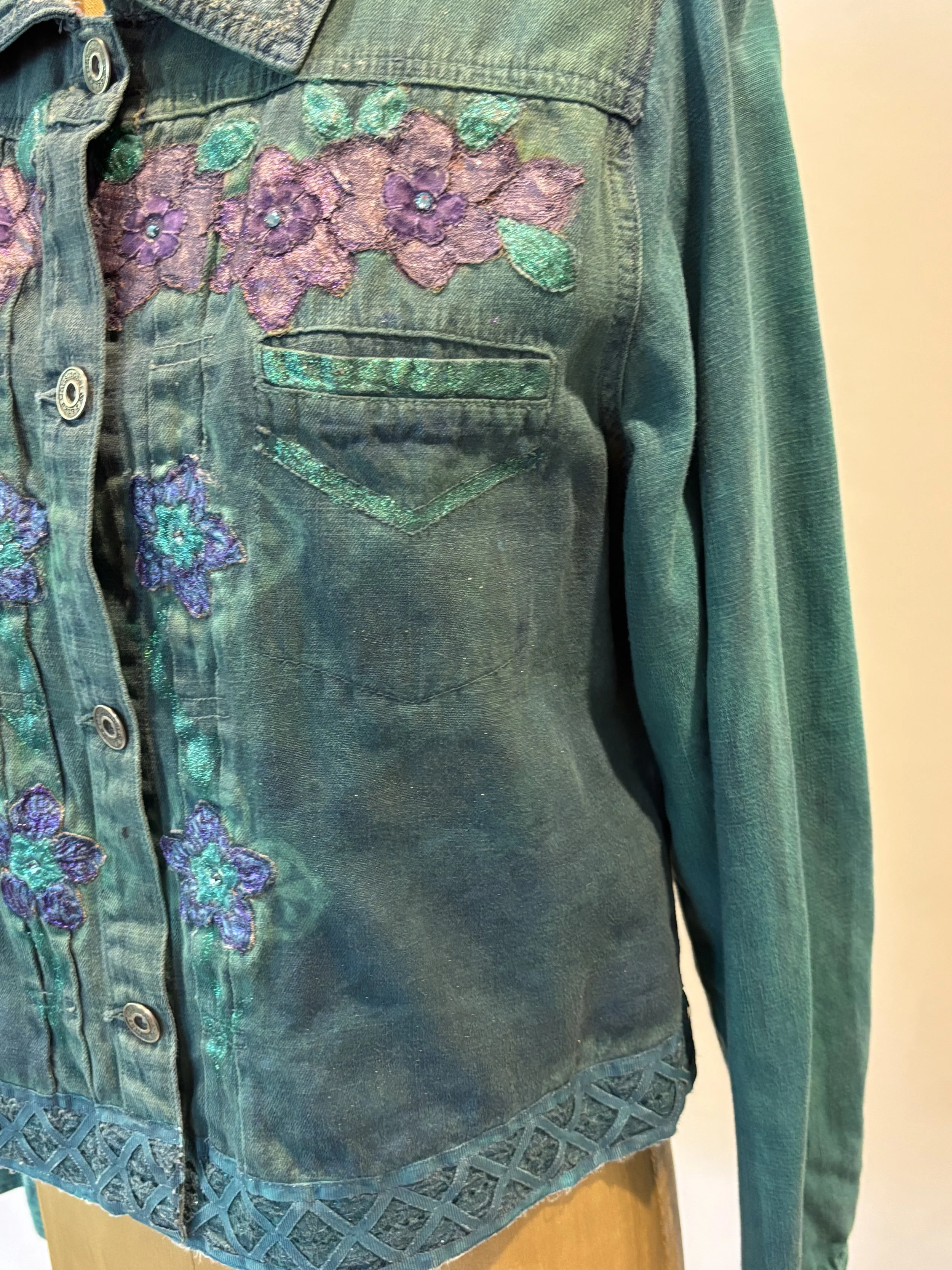 “Green Grunge” designer denim jacket for women