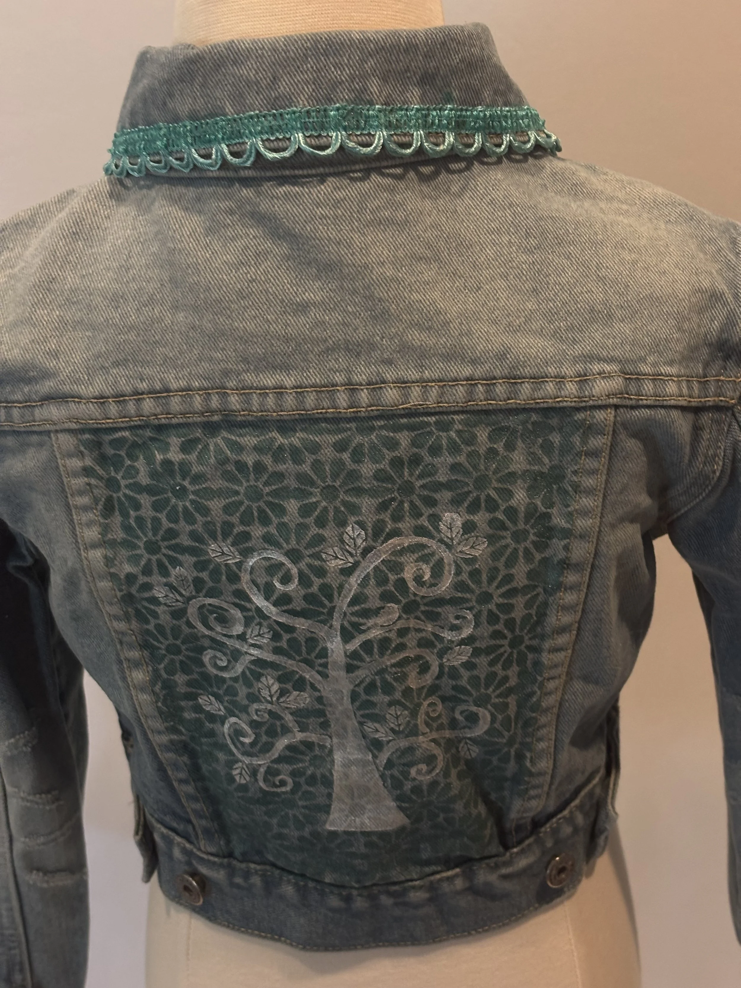 “Teal Tree” designer denim jacket for girls
