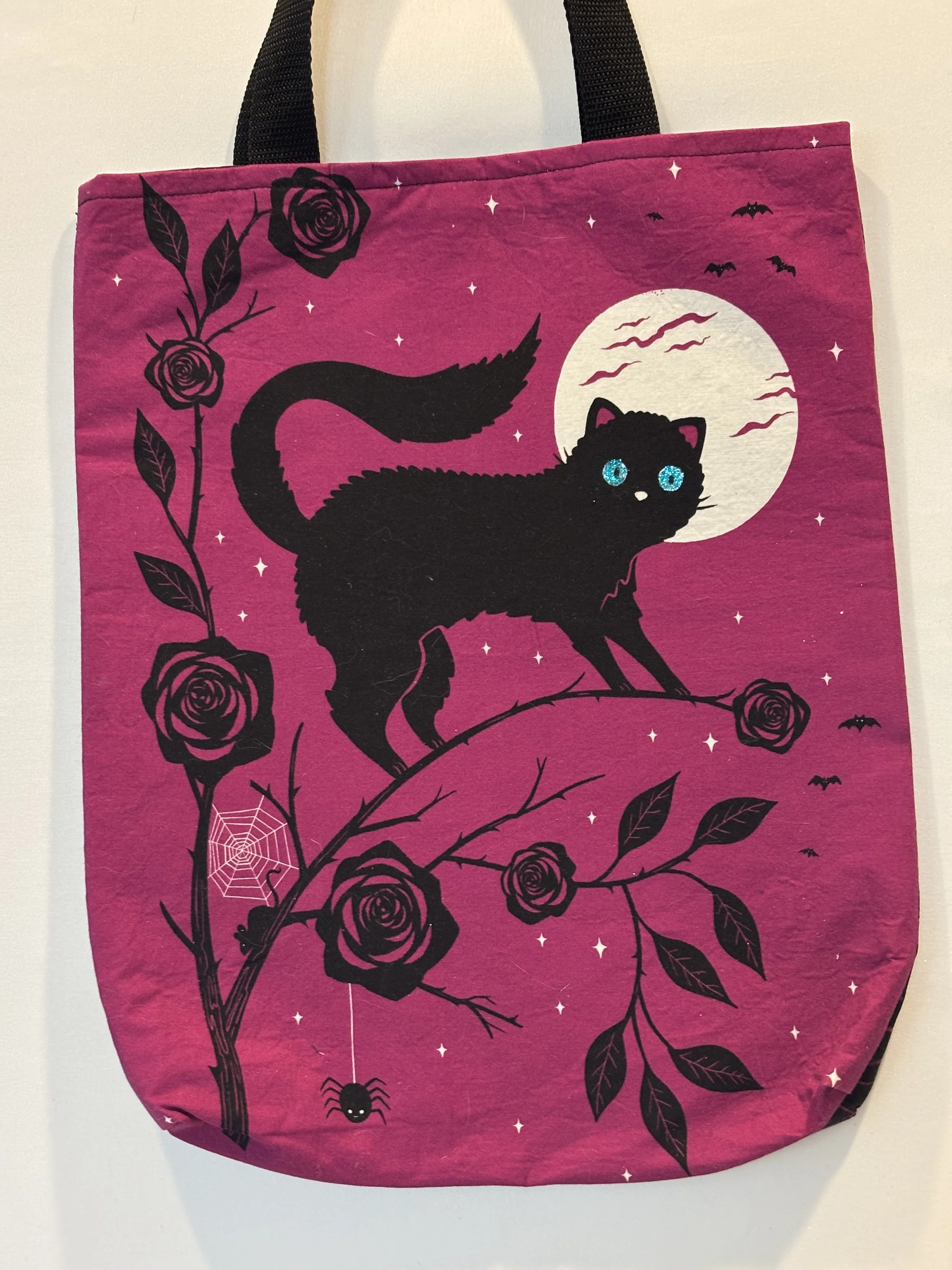 Pink & Black Halloween Tote Bag “Black Cat & Spider Webs”