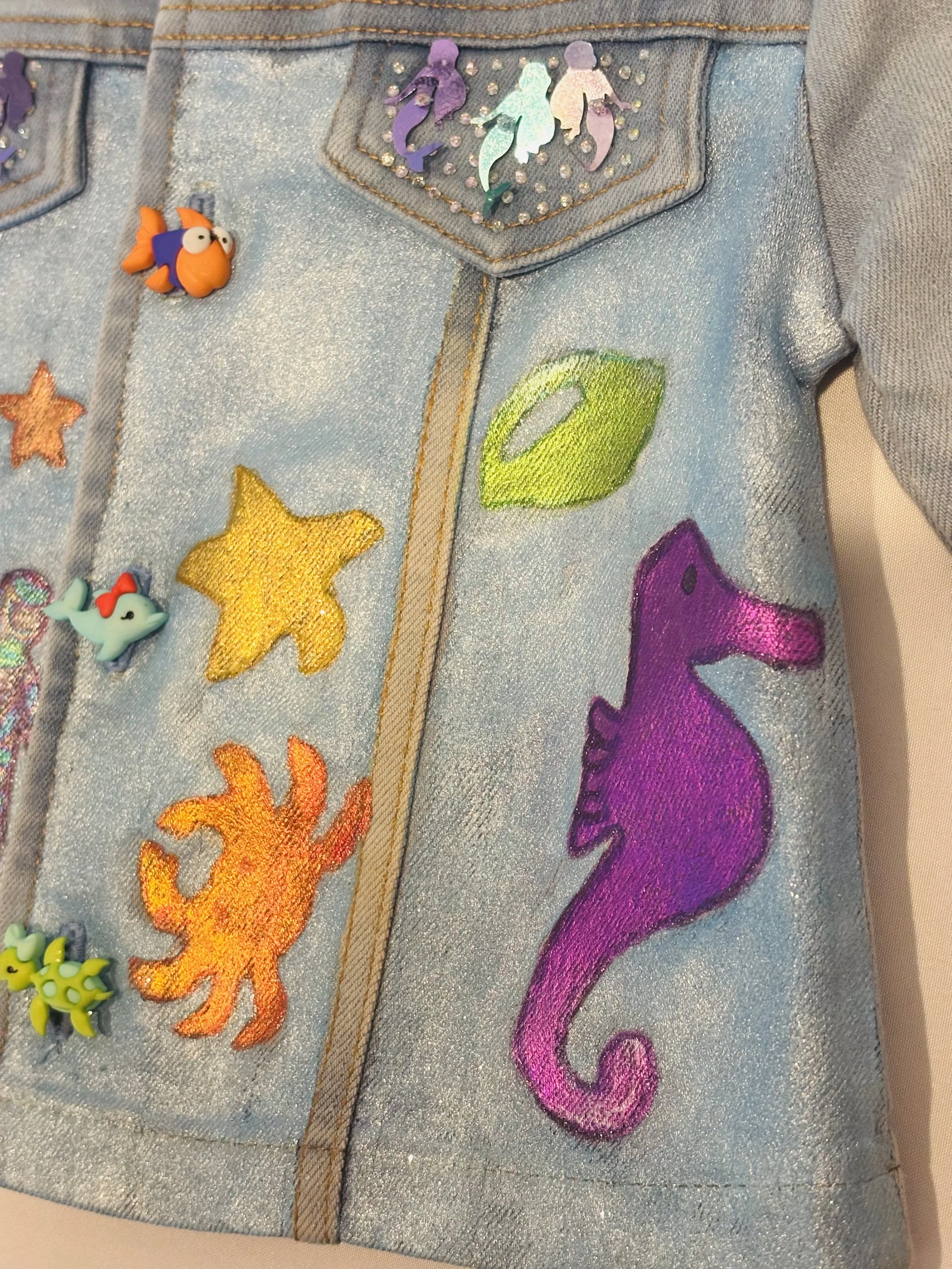 “Seahorse Seascape” designer denim jacket for kids