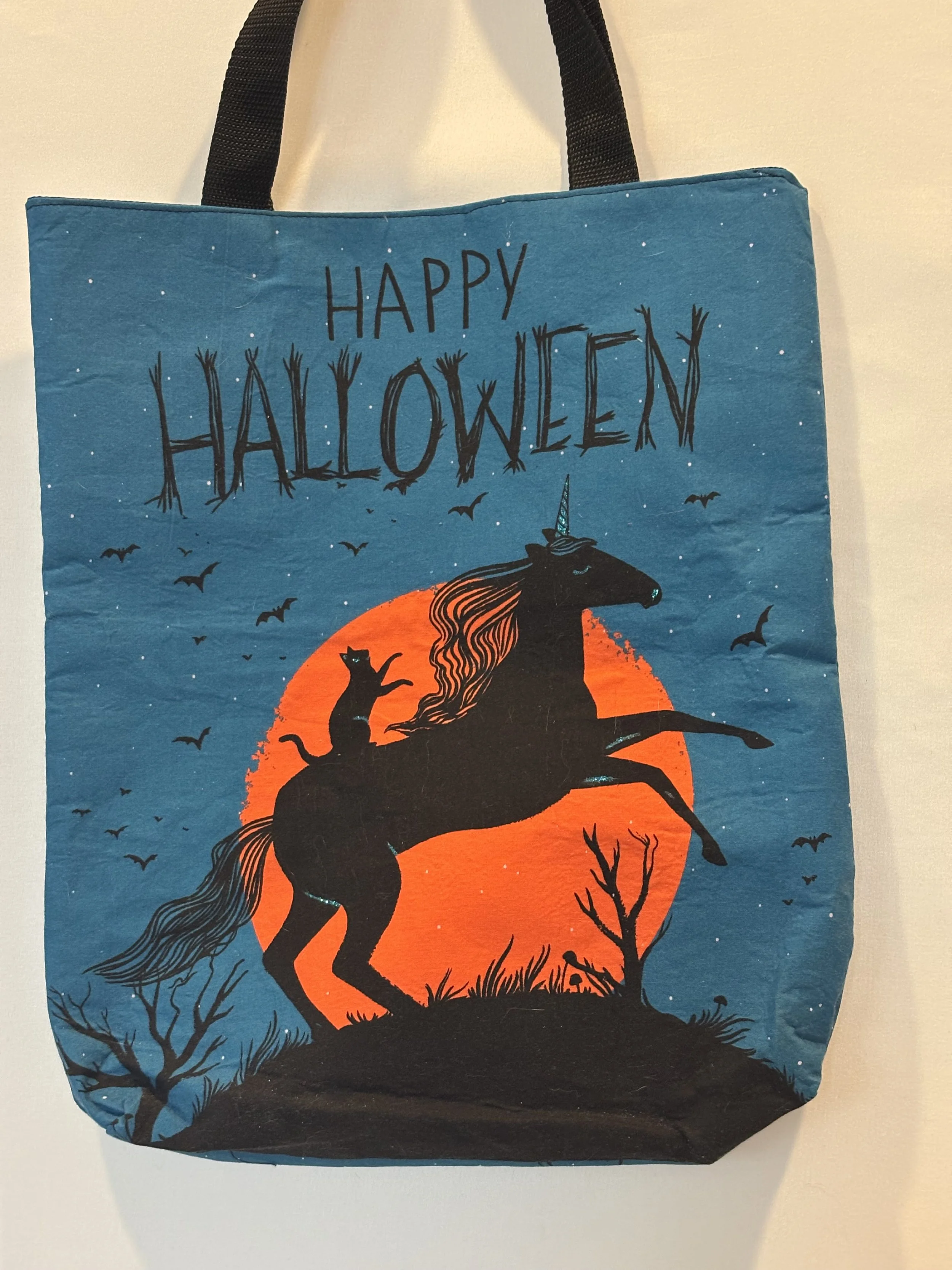 Teal & Orange & Black Halloween Tote Bag “Cat on Horseback & Bats”