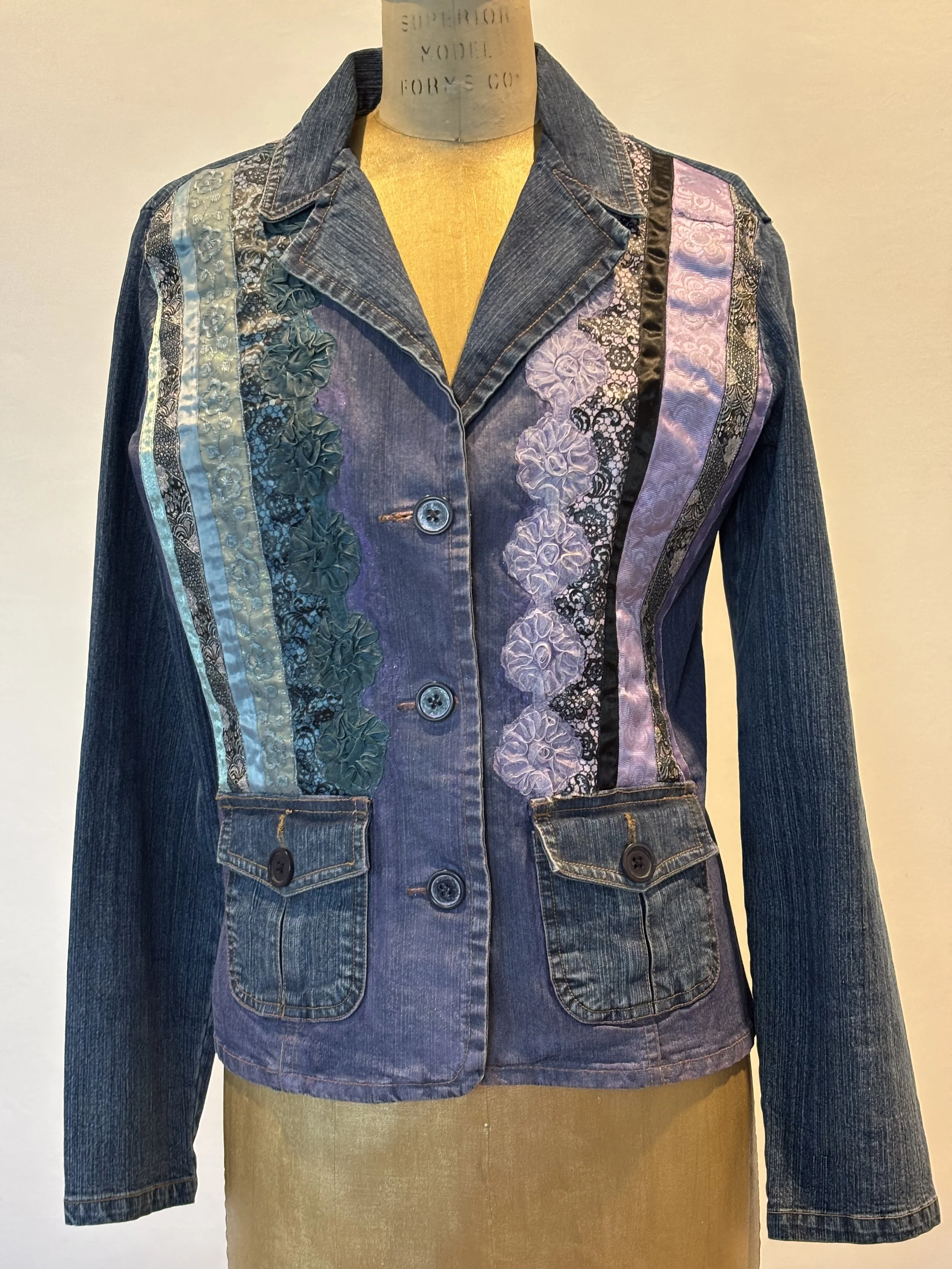 “Purple & Teal Asymmetrical” designer denim jacket for women