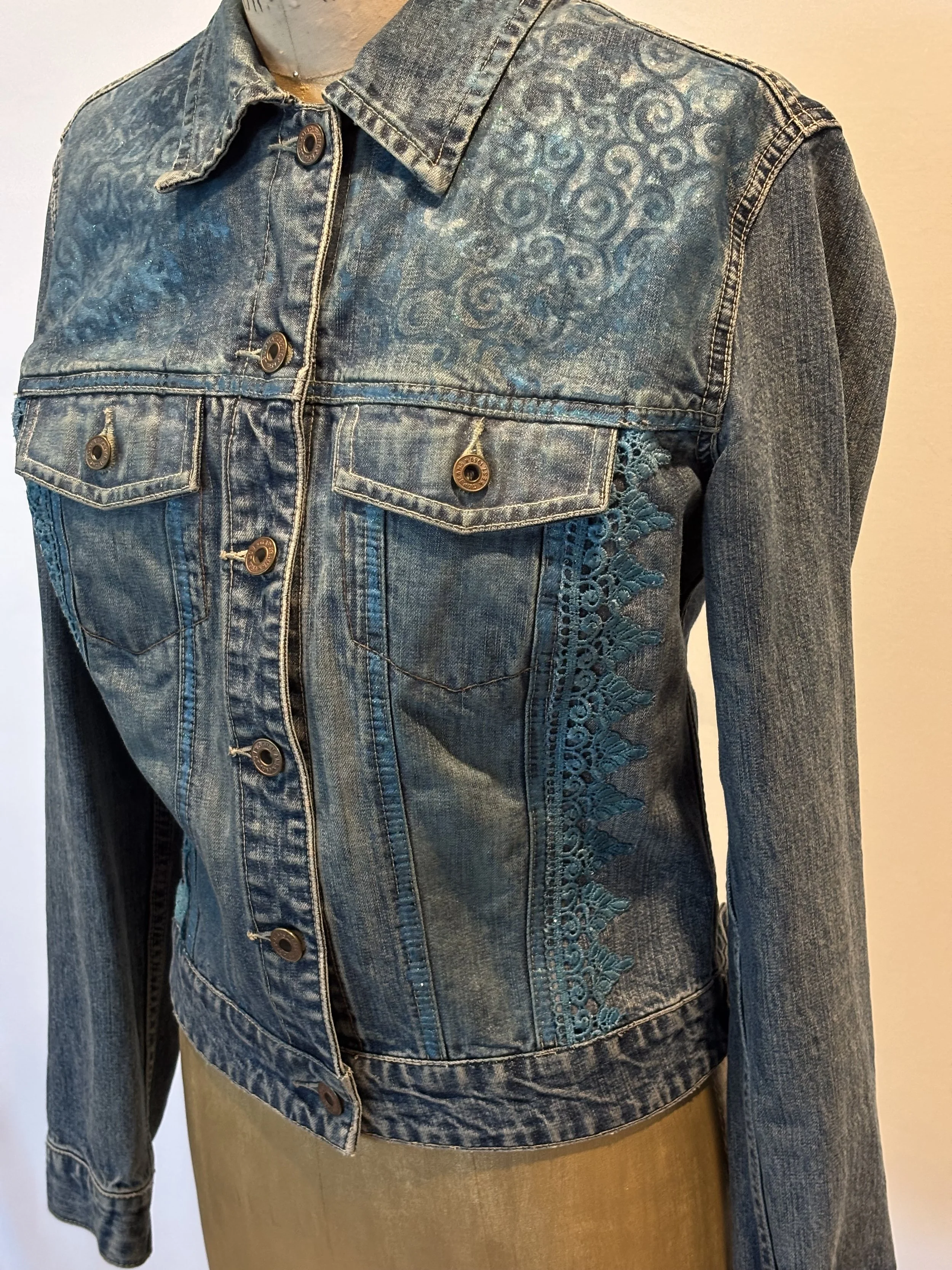 “Blue Swirl” designer denim jacket for women