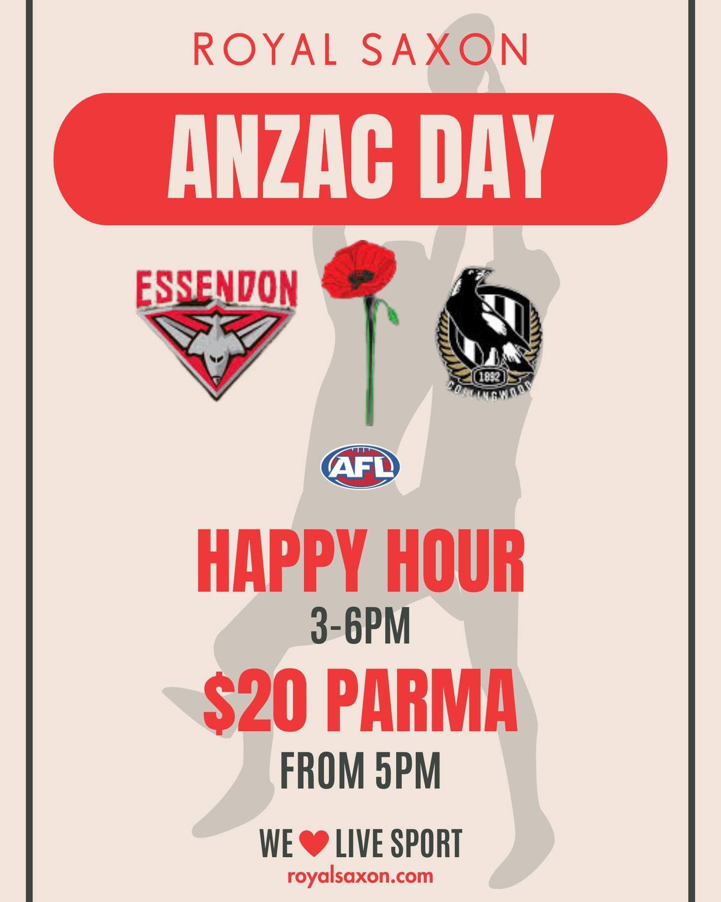 It's ANZAC Day next week - here's what's happening at the Royal Saxon:

@afl live and loud on six screens - check out our new TV in the courtyard!
Happy Hour from 3-6pm, including schooners from $6, $7 wines and spirits and $14 cocktails!
Parma Night