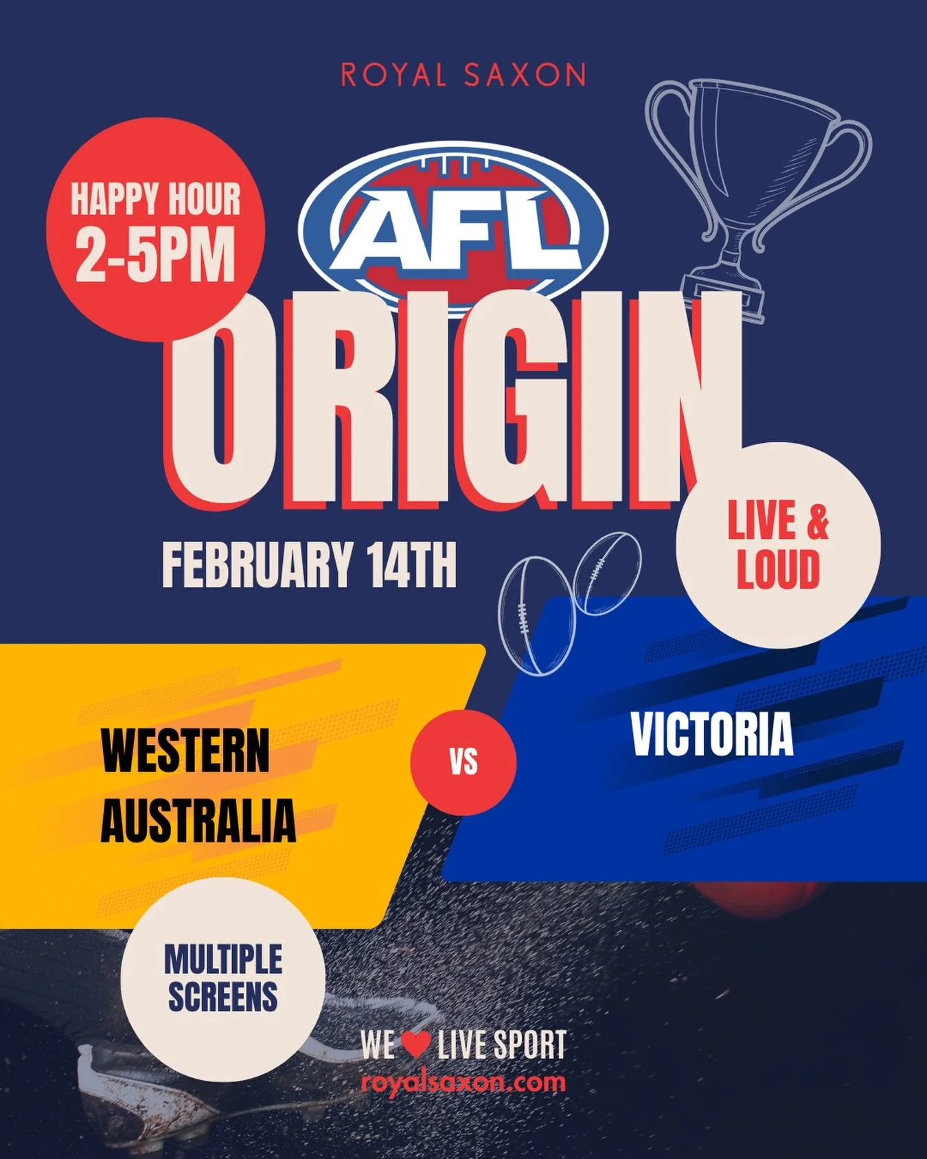 AFL Origin is coming and it&rsquo;s shaping up to be massive!

Victoria takes on Western Australia, live and loud this February 14 - and there&rsquo;s nothing like backing our boys with a cold drink in hand.

We&rsquo;ll be showing every moment acros