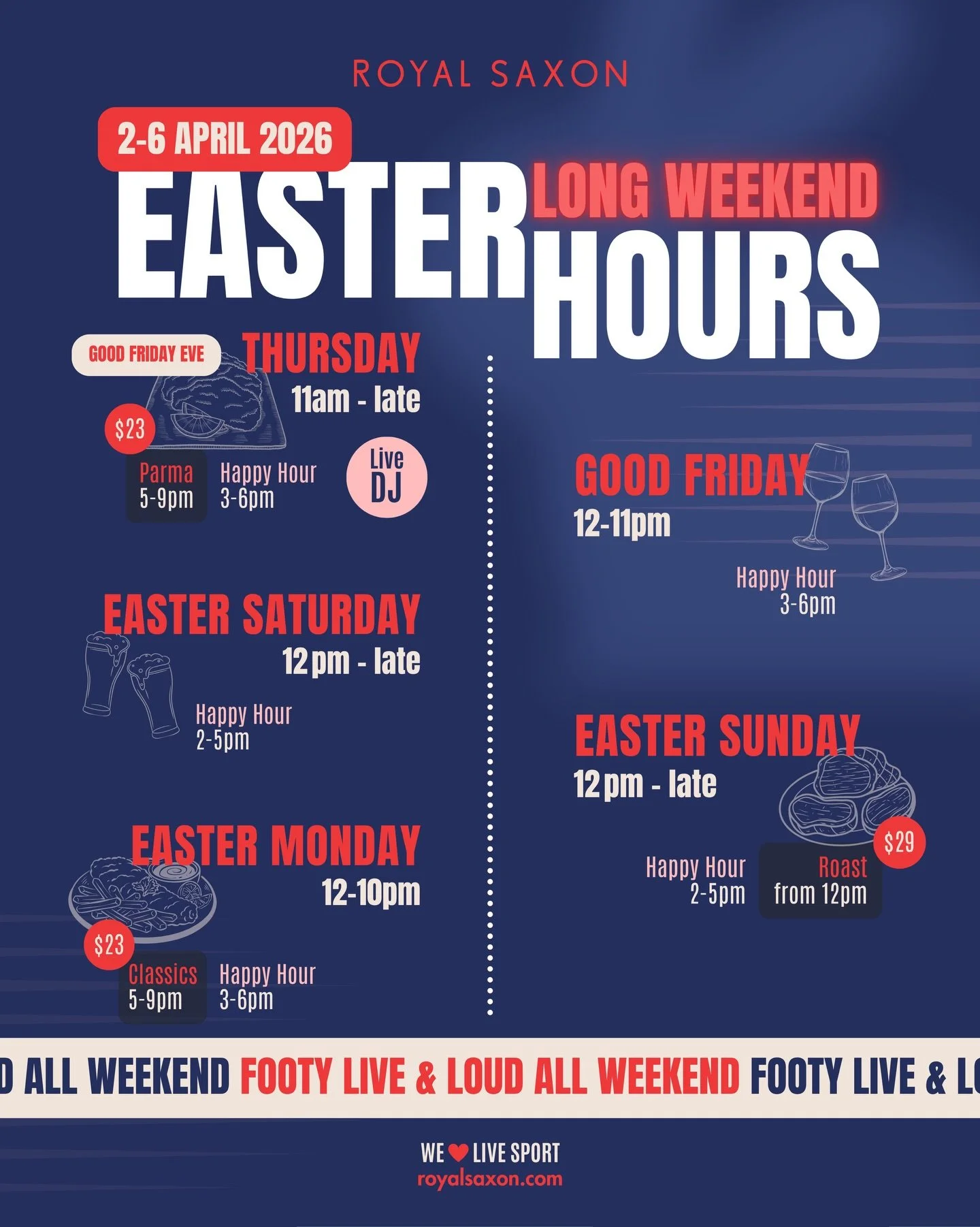 Start things with a bang on Good Friday Eve with Happy Hour from 3-6pm, $23 parmas from 5pm, a live DJ and doors open until late - the perfect way to kick off your long weekend.

On Good Friday, keep things rolling with Happy Hour from 3-6pm. 

Then 