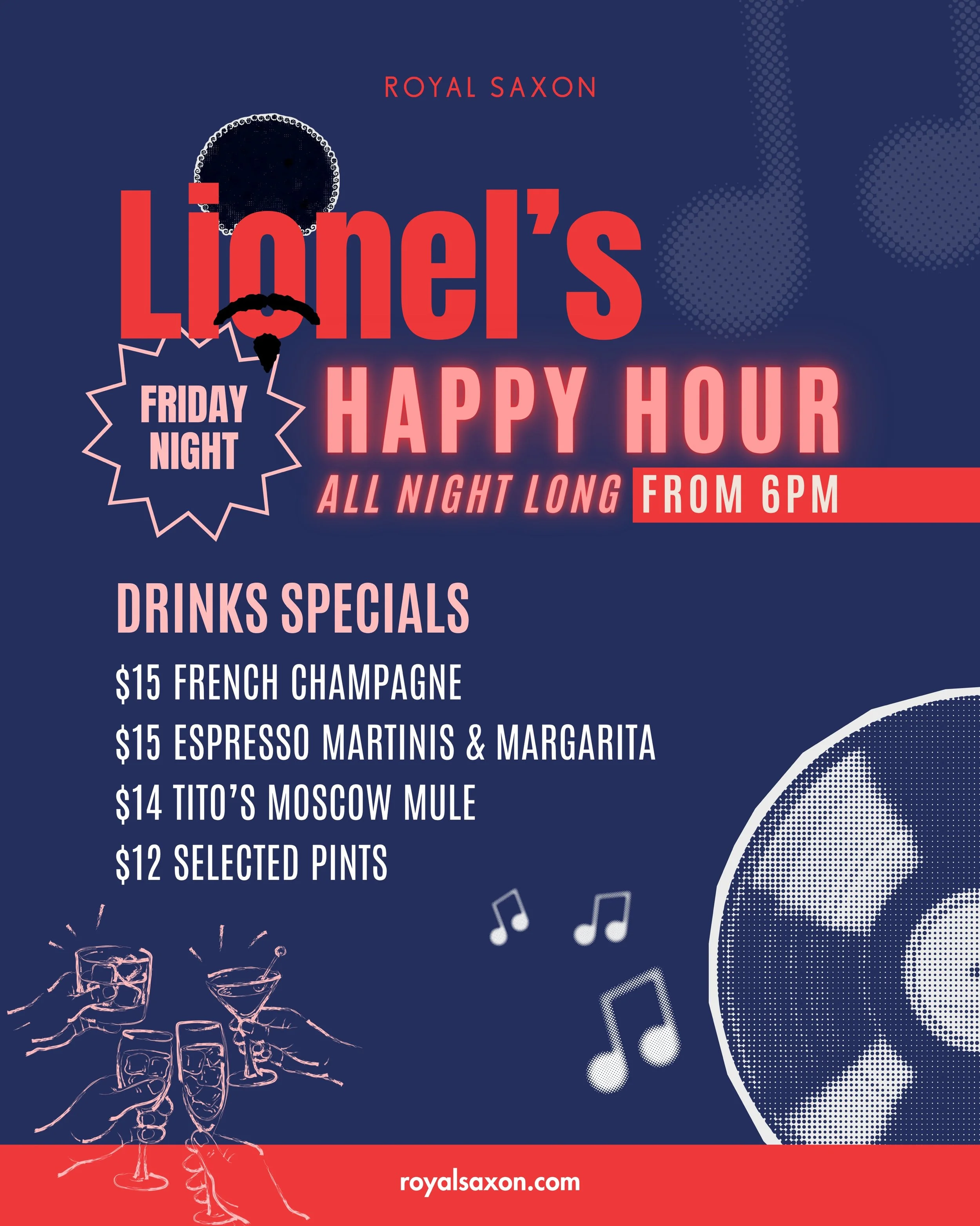Hello&hellip; is it drinks you&rsquo;re looking for?

Starting this week, from 6pm every Friday we&rsquo;re turning things up with Lionel&rsquo;s Happy Hour - all night long!

You&rsquo;ll be dancing on the ceiling as you sip on $15 French champagne,