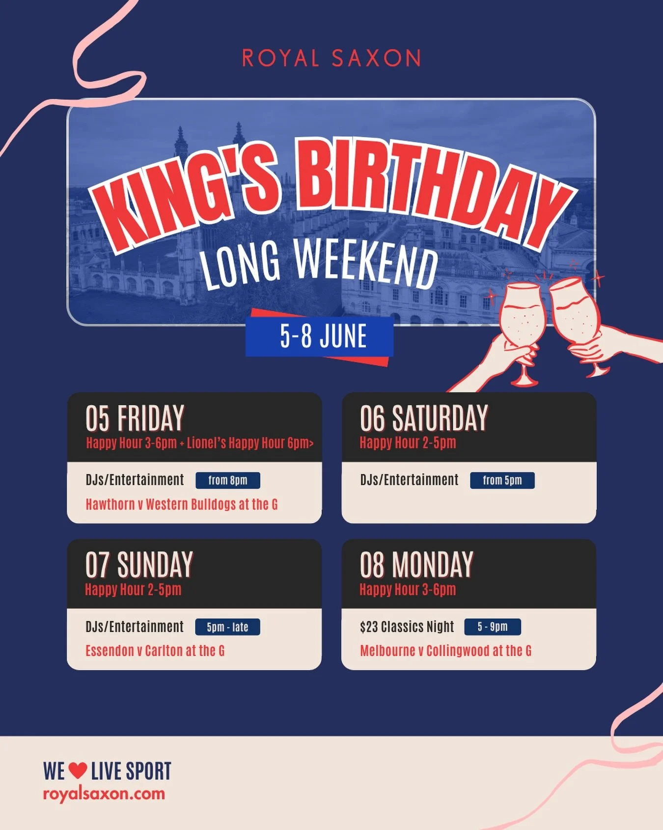 The long weekend is on its way and it&rsquo;s going to be a big one, with four days of footy, drinks, entertainment and good times!

Friday kicks things off with Happy Hour from 3-6pm before Lionel&rsquo;s Happy Hour takes over for the rest of the ni