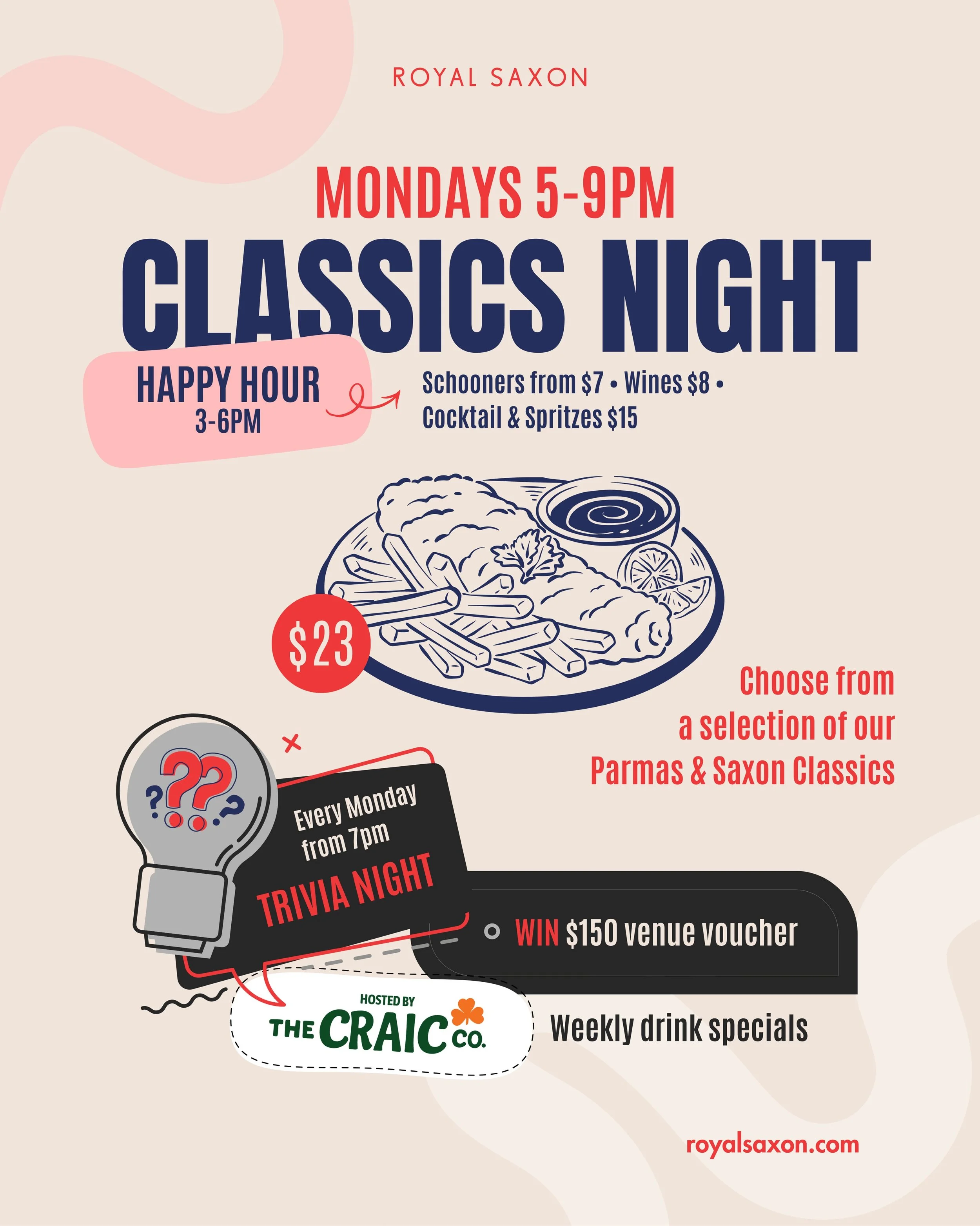 Starting on 15 June, we&rsquo;ve teamed up with the legends from The Craic Co to bring a fresh new energy to Trivia Night! Expect plenty of laughs paired with just the right amount of friendly competition.

Start the evening with Happy Hour from 3-6p