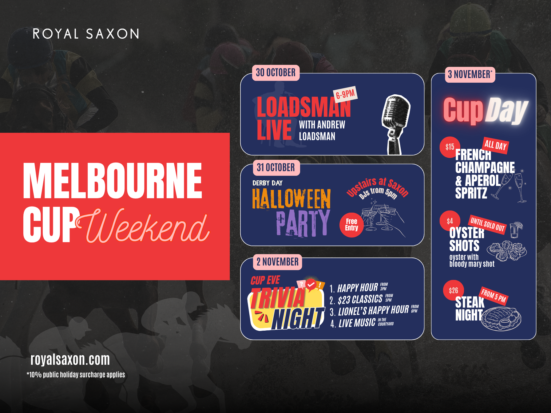 Melbourne Cup Weekend 2026 Richmond | Cup Day, Derby Day, Halloween ...