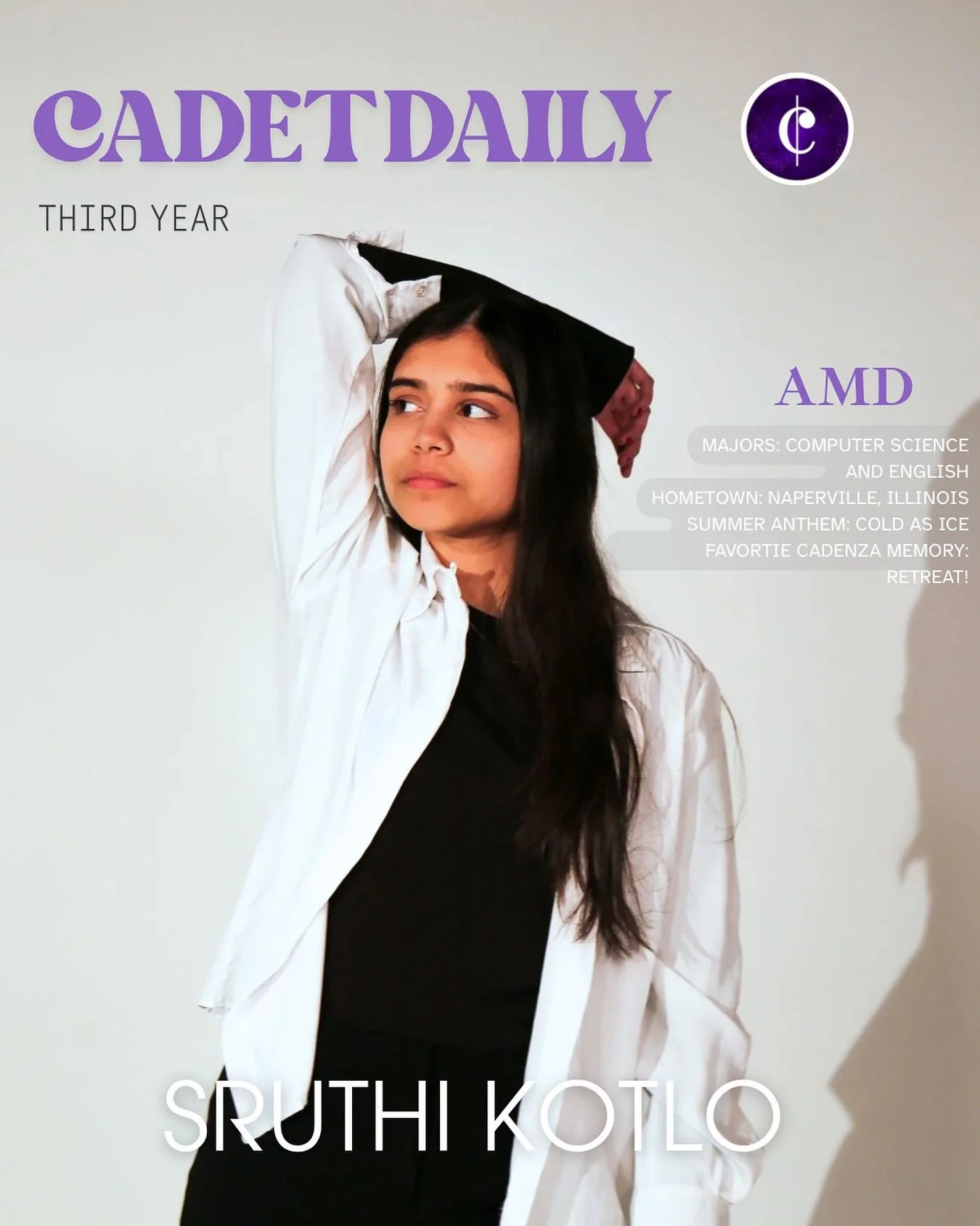 ✨ Our final Cadet Daily introduction is here! ✨
Meet Sruthi Kotlo from Naperville, IL! She&rsquo;s a third year in the College studying Computer Science and English! 💻📚This baddie sings Soprano 1/2 for Cadenza 🎶

Her summer anthem was Cold as Ice?