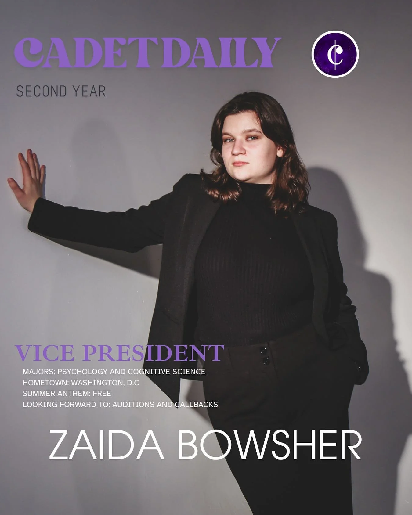 ✨ Issue Eight of #CadetDaily! ✨
Say hello to our fabulous Vice President, Zaida Bowsher! 💜 Hailing from Washington, D.C., Zaida is a second-year, studying Psychology and Cognitive Science 📚. She holds it down as one of our Altos and has had Free by