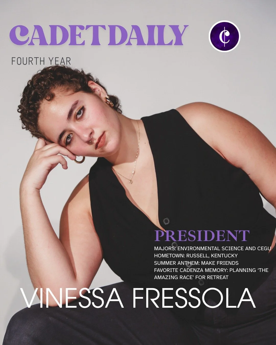 ✨ Issue Seven of #CadetDaily! ✨ Meet Vinessa Fressola from Russell, KY! Majoring in Environmental Science and CEGU 🌍🌱Our incredible President 👑 is a fourth year at the college. Taking on the voice parts of Alto 2 and vocal percussion (VP), Vinessa