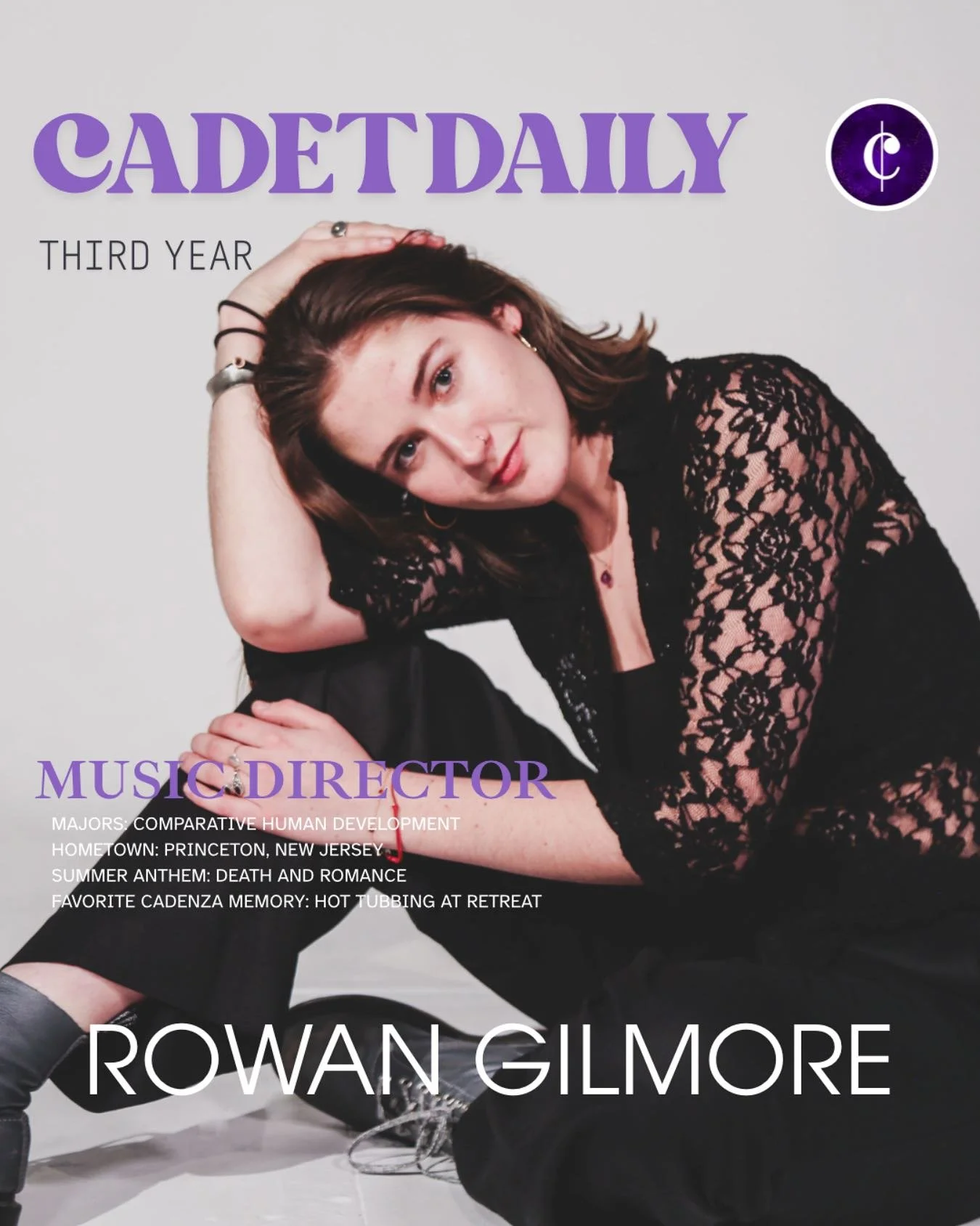 ✨#CadetDaily is back with Issue Six✨ Meet Rowan from Princeton, NJ! This third year sings Alto 1 for Cadenza and serves as our super-talented Music Director 🎶🎬 She&rsquo;s majoring in Comparative Human Development, with Minors in Math and Music 🧮?