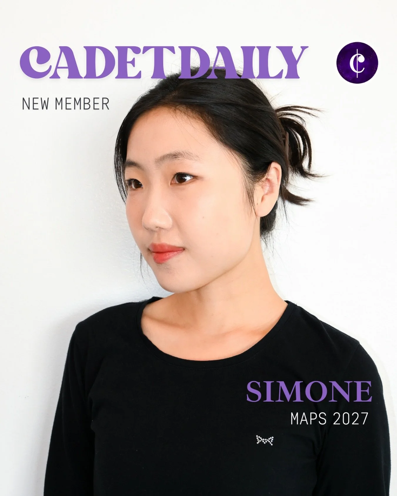 🦃 Happy Thanksgiving, everyone! To celebrate, we&rsquo;re launching the First Edition of Cadet Daily: New Members Version, and introducing someone we are so thankful for! 💜✨
Say hello to Simone!🌟 Originally from China, Simone is a Mezzo and a Mast