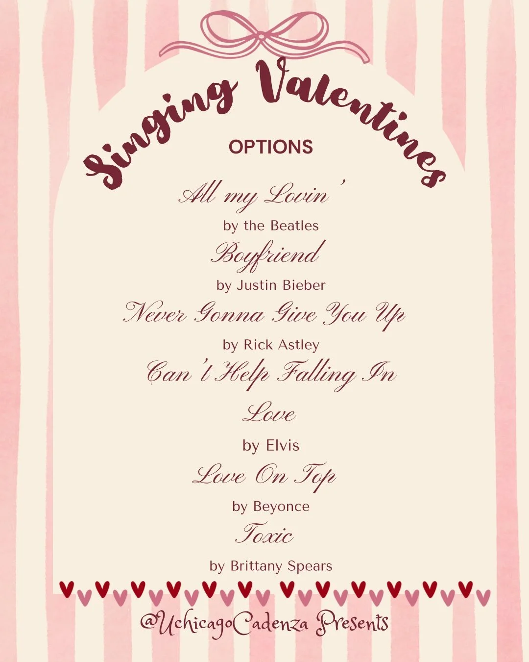 ‼️IN BREAKING NEWS TODAY‼️

🎶💘 Singing Valentines are BACK! 💘🎶

Want to surprise your partner, friend, professor, crush, or arch rival? 👀 Let Cadenza deliver a Singing Valentine for you this season!

Where to buy?
📍 Tabling in Reynolds
🗓 Feb 2