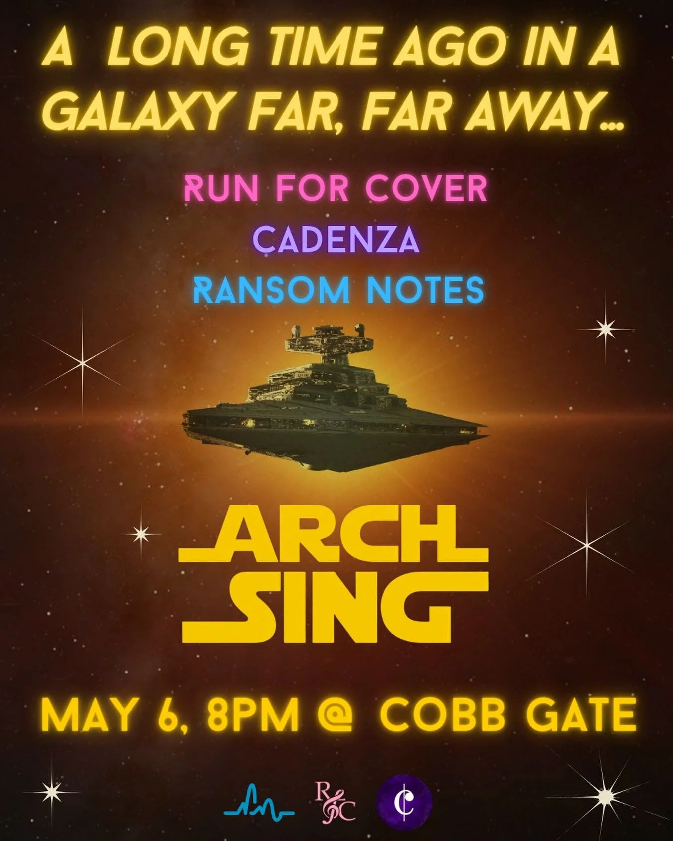 Introducing&hellip; CADENZA x RUN FOR COVER x RANSOM NOTES!!! Come join us for an arch sing on Wednesday (5/6) at 8 pm for a performance that is out of this galaxy!!! We can&rsquo;t wait to see you all at Cobb Gate!!!