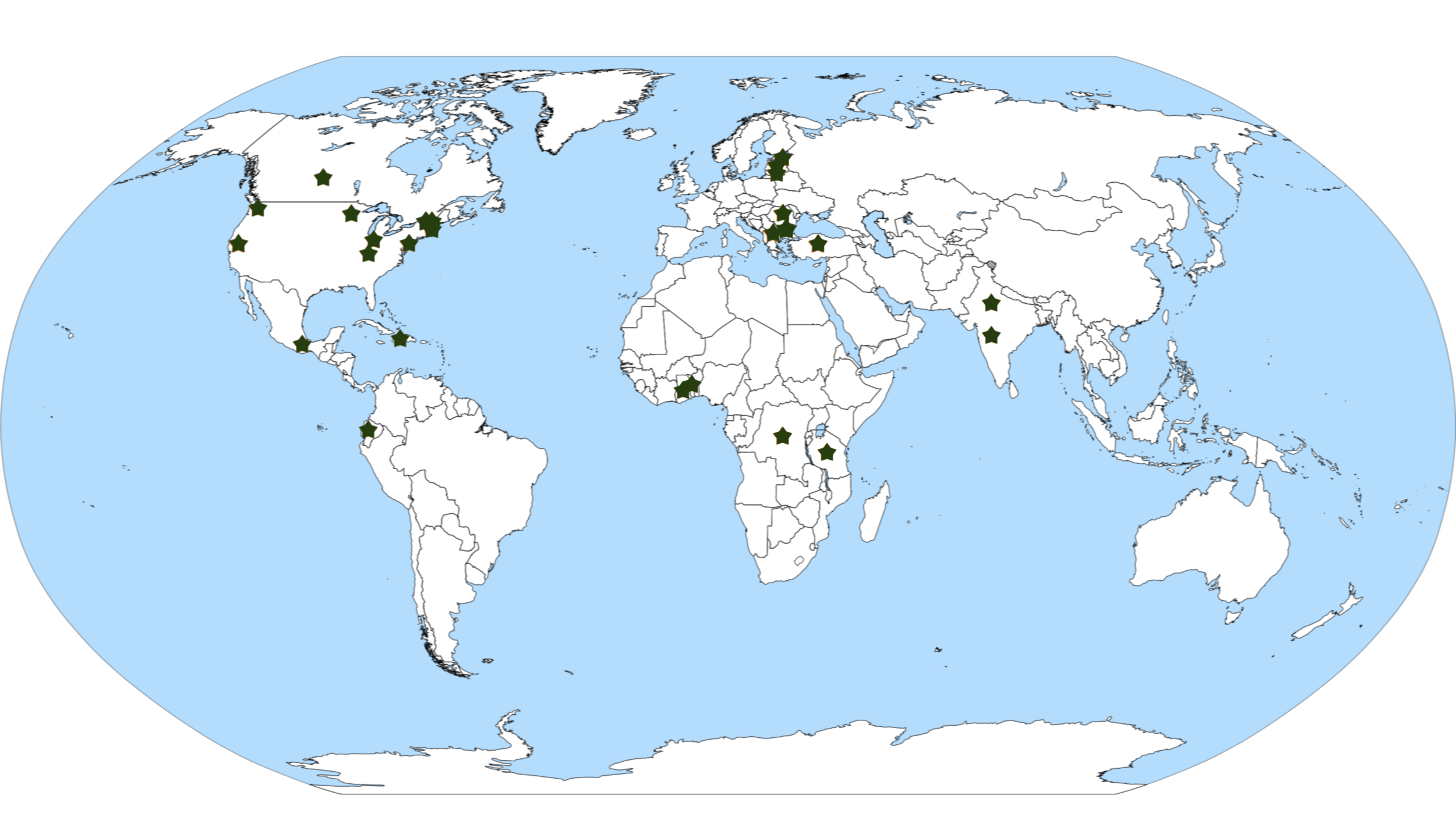 Map showing the locations of the 44 sites of case studies and brief examples in the Book.