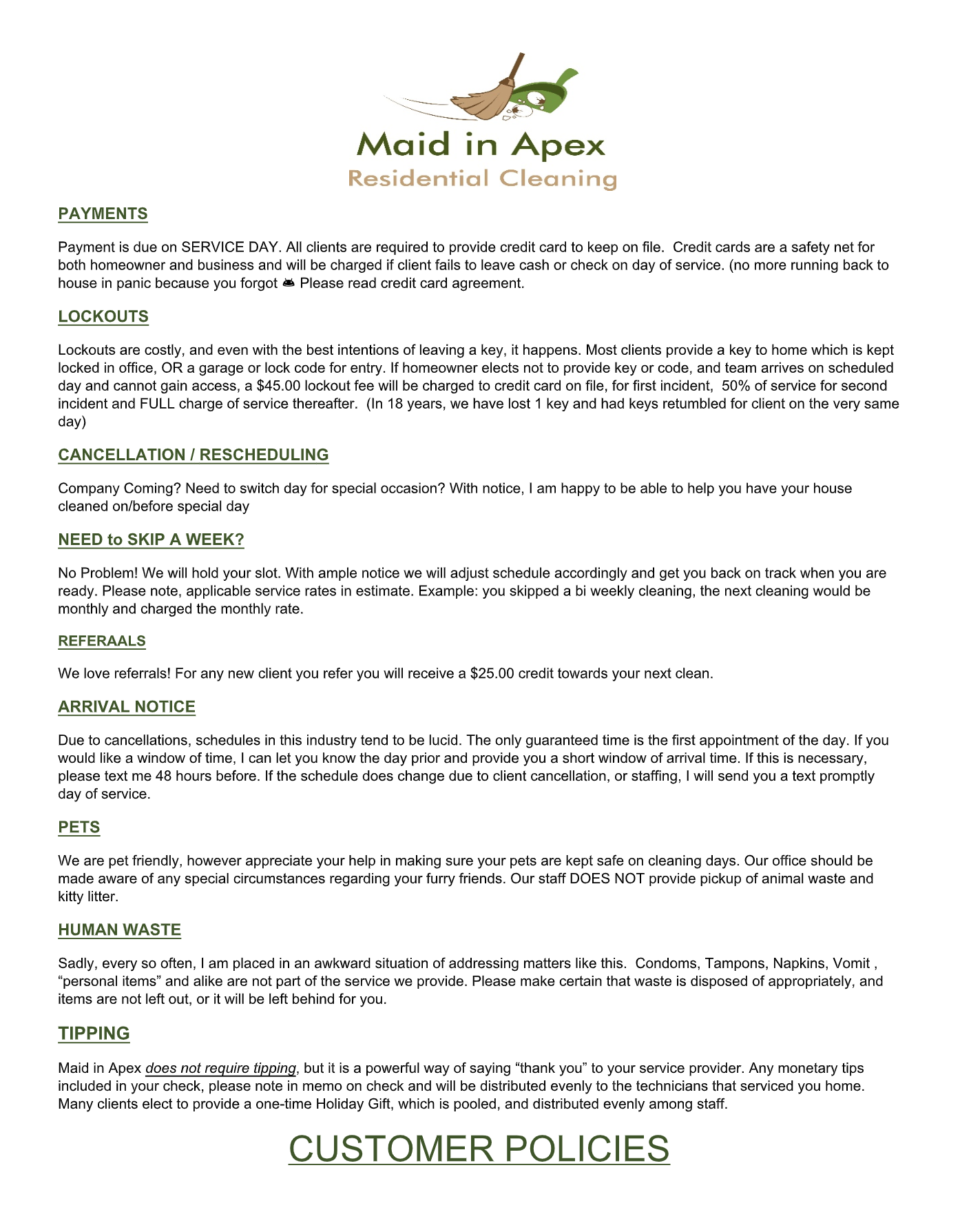 Policies Maid In Apex Cleaning Services Apex Nc