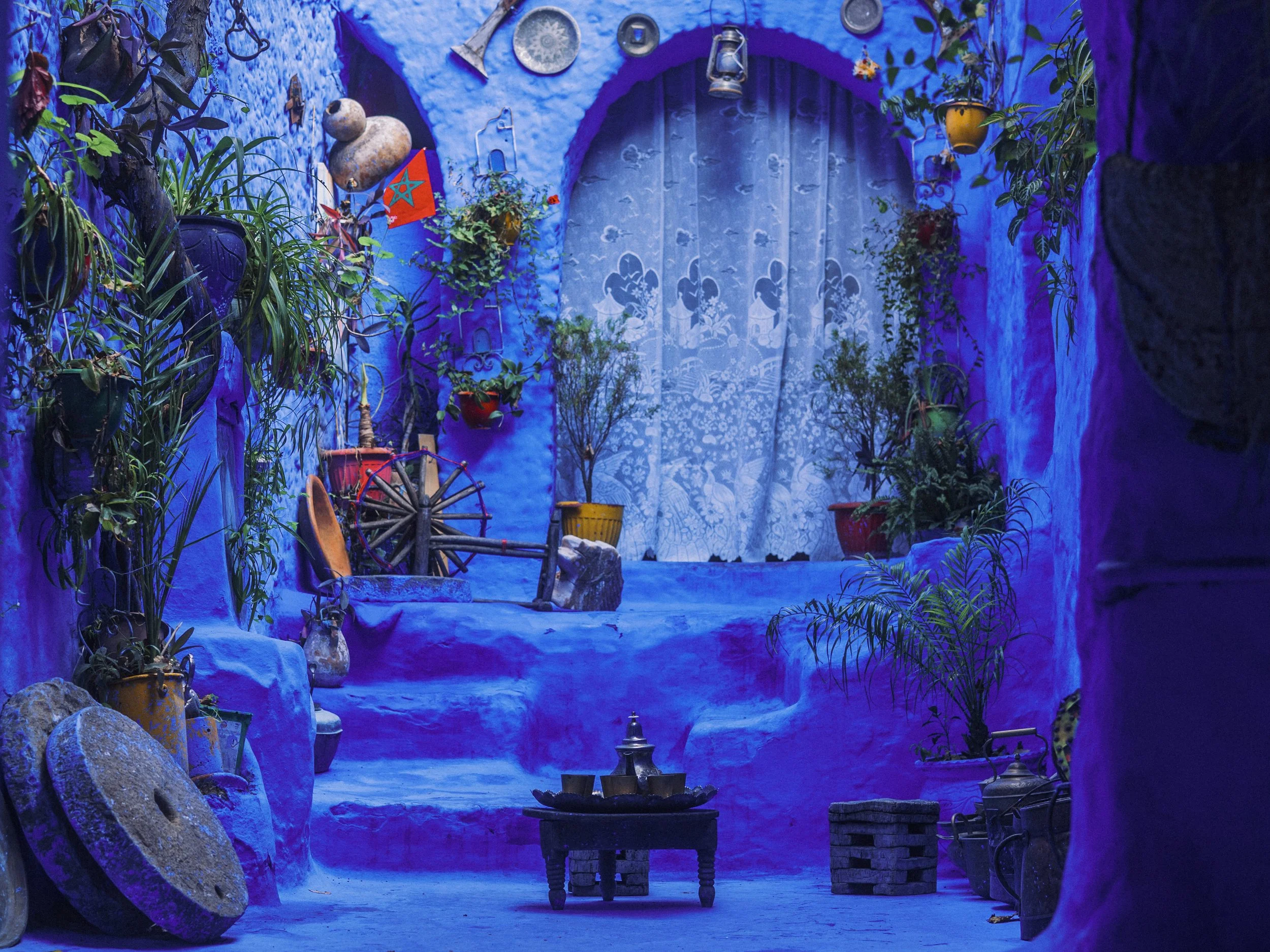 Beautiful street scene shot in blue alleyways of Chefchaouen