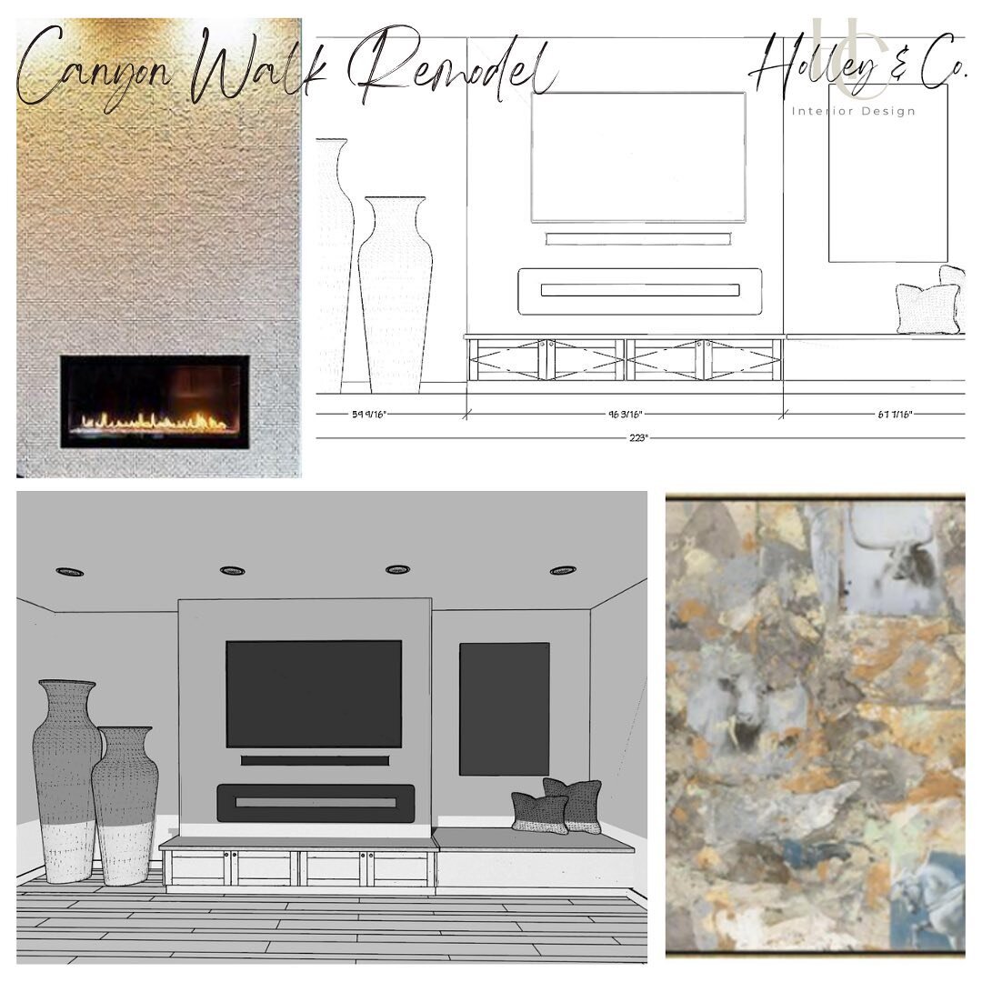 Loving the transformations that are taking place at our #CanyonWalk remodel! 🙌🏻
Here&rsquo;s a sweet glimpse of the new TV/FP wall to come! 
.
.
.
#holleyandcompanyid #hcid #livingroomideas #livingroomdesign #homedesign #luxuryhomedesign #remodel #
