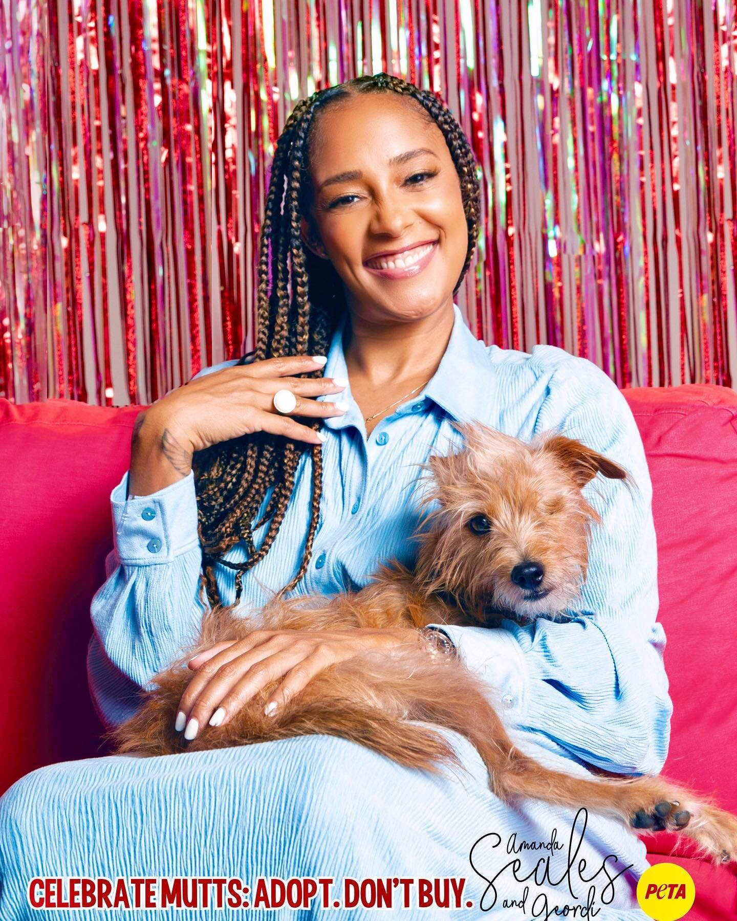 🥳@amandaseales and her best friend Geordi shot for our @peta campaign spreading the message to &ldquo;Adopt, don&rsquo;t Buy&rdquo;

🎉@peta
🧠@eyesofgreggarry 
💇🏾&zwj;♀️@angiehairstyles
💄@saishabeecham