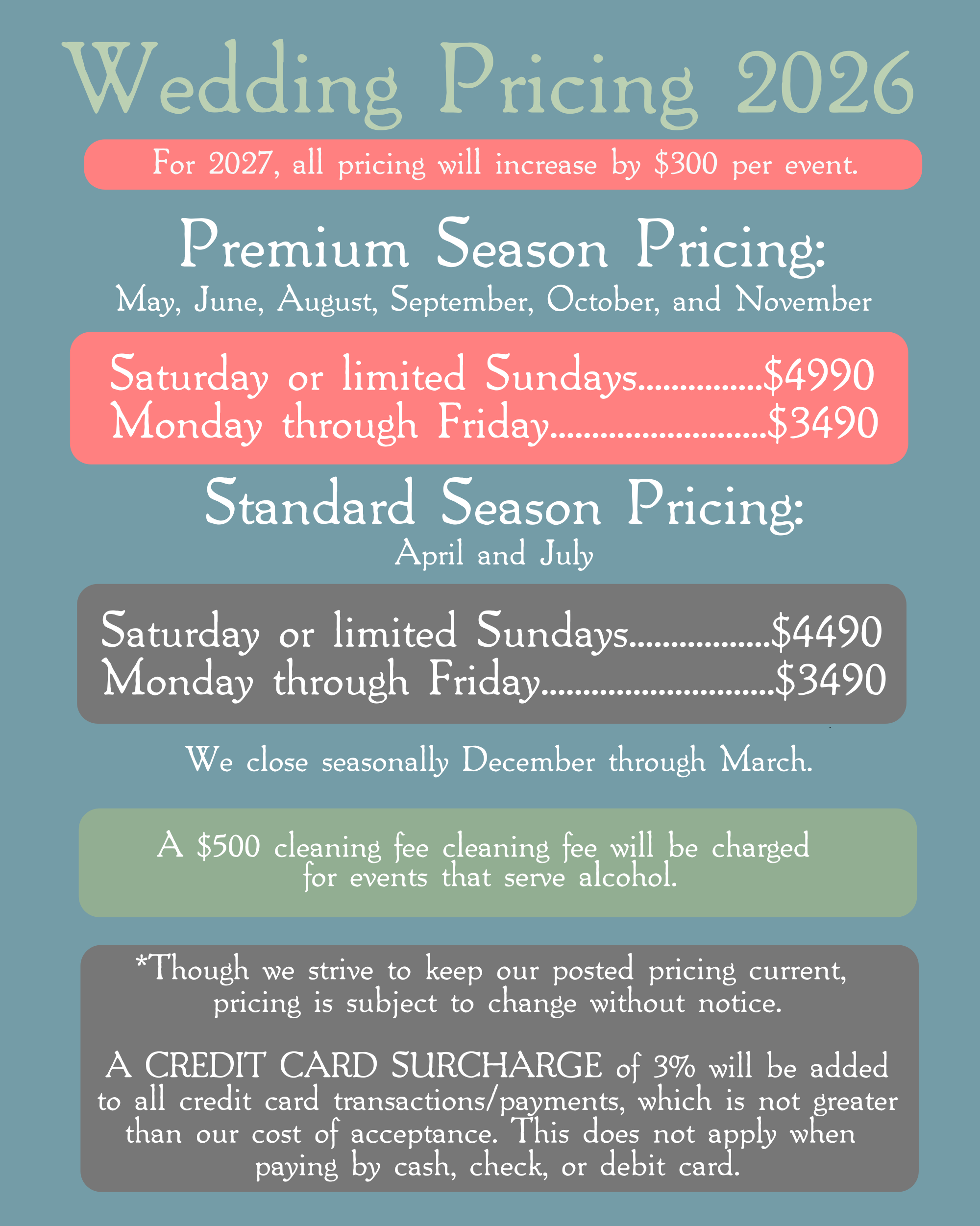Wedding pricing for Greenwood Oaks Venue & Gardens starts at $3490 for a weekday or $4490 for a Saturday. Pricing details are explained.