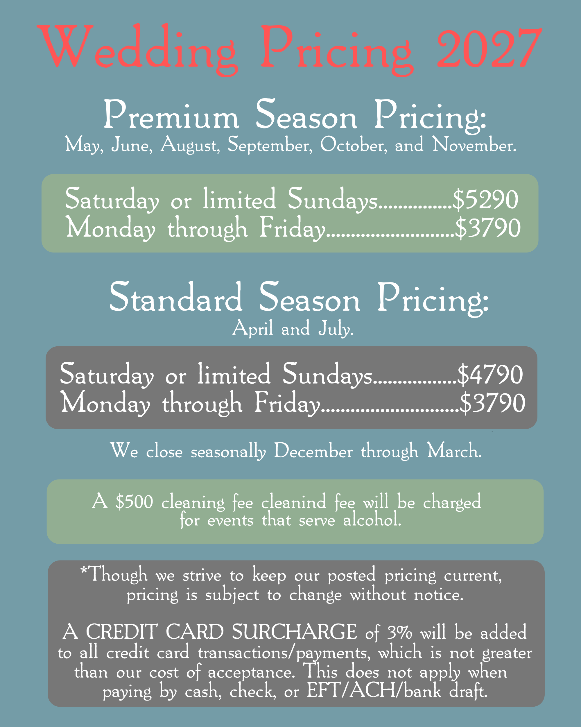 2027 Wedding Pricing at Greenwood Oaks Venue and Gardens is $5290 for a Saturday or $3790 for a weekday.