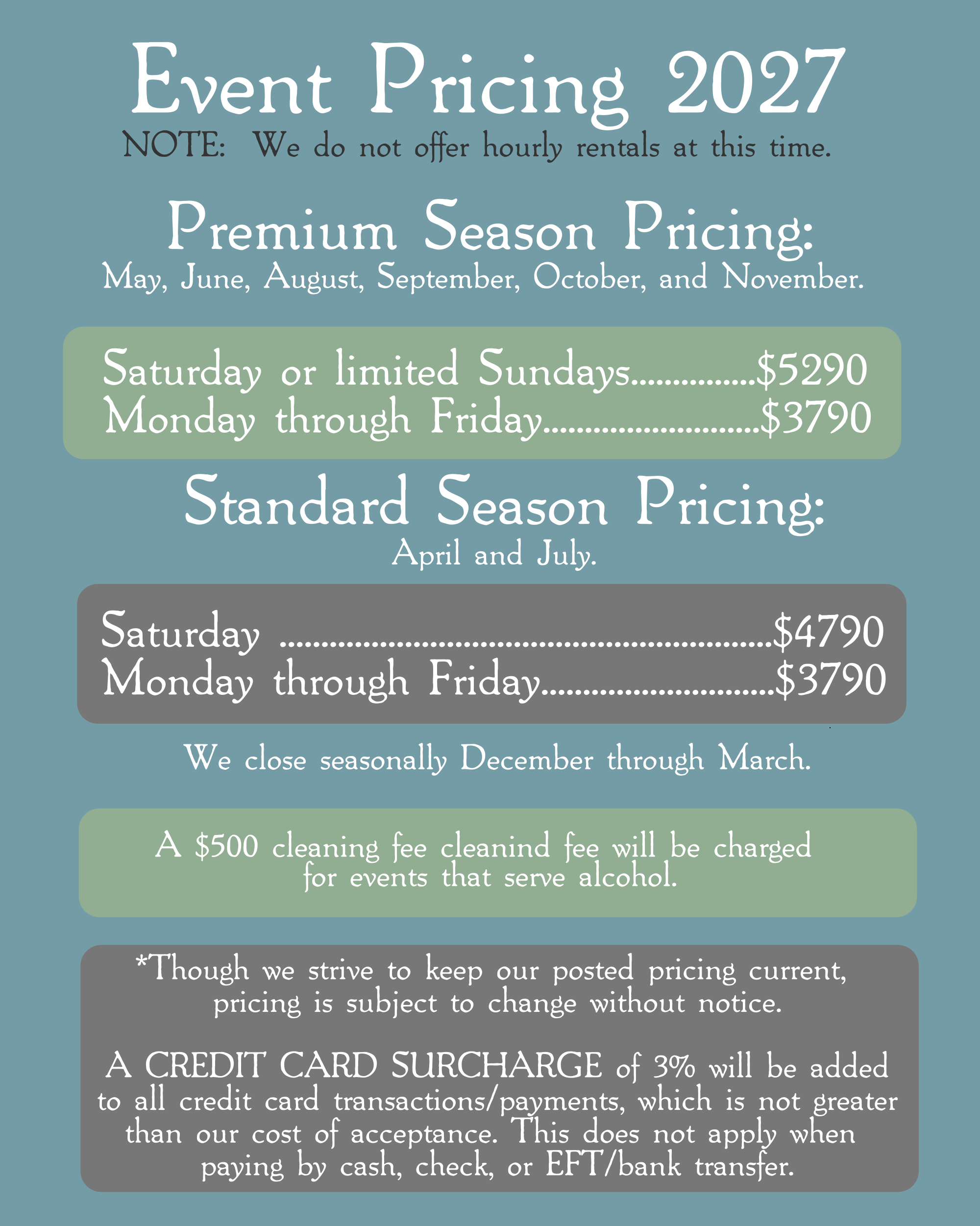 Wedding venue pricing for Greenwood Oaks Venue & Gardens starts at $3,790 for a weekday or $5,290 for a Saturday.