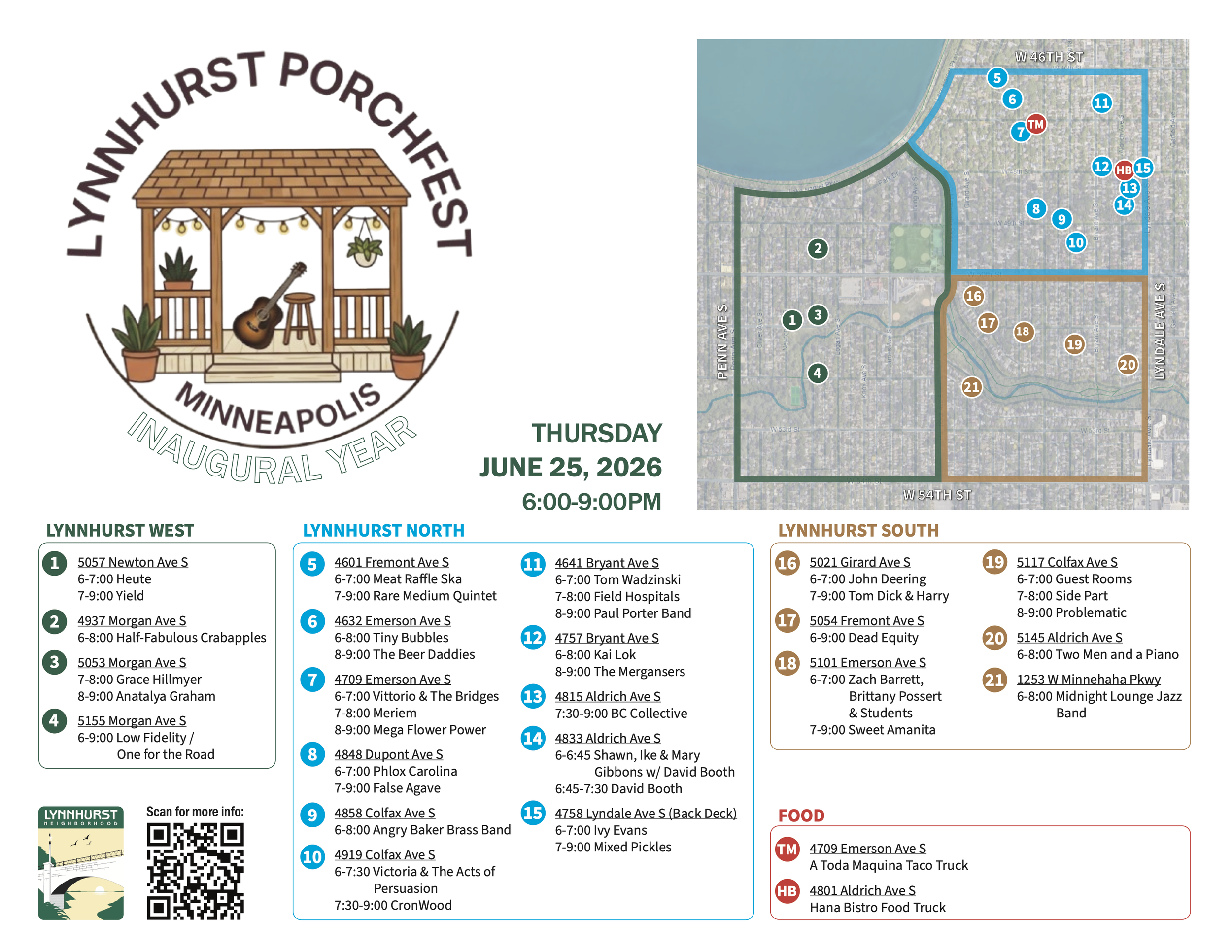 A map and schedule for Lynnhurst Porchfest