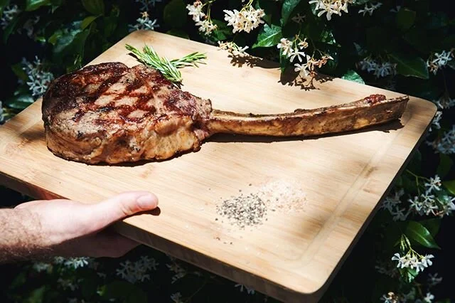 1.2 Kg Angus Pure Tomahawk Rib-Eye 🔥 Served with chilli-chat potatoes, chipotle corn, brocollini & house made chimichurri ❤️ pre-order now to enjoy this delicious experience 🙌🏼#steak #food #yum #adelaidefood