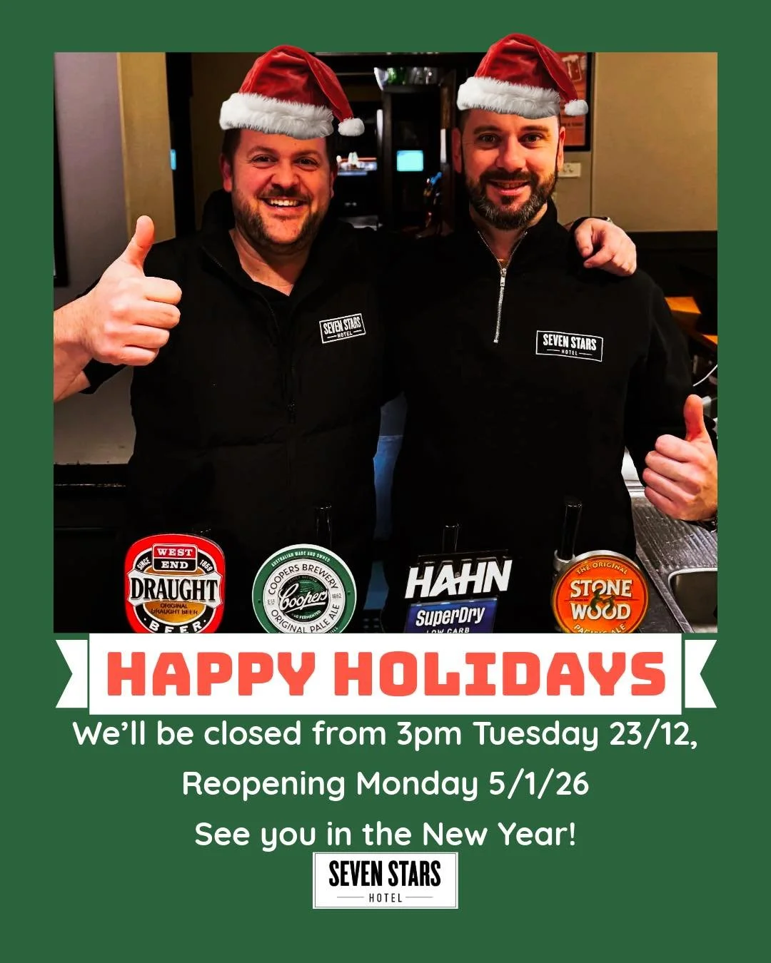 After an incredible year of delicious food, great company, and unforgettable celebrations, our team is taking a well-deserved break for the holidays! 

We'll close at 3 PM on Tuesday, December 23 and will reopen on Monday, January 5, 2026, ready to s