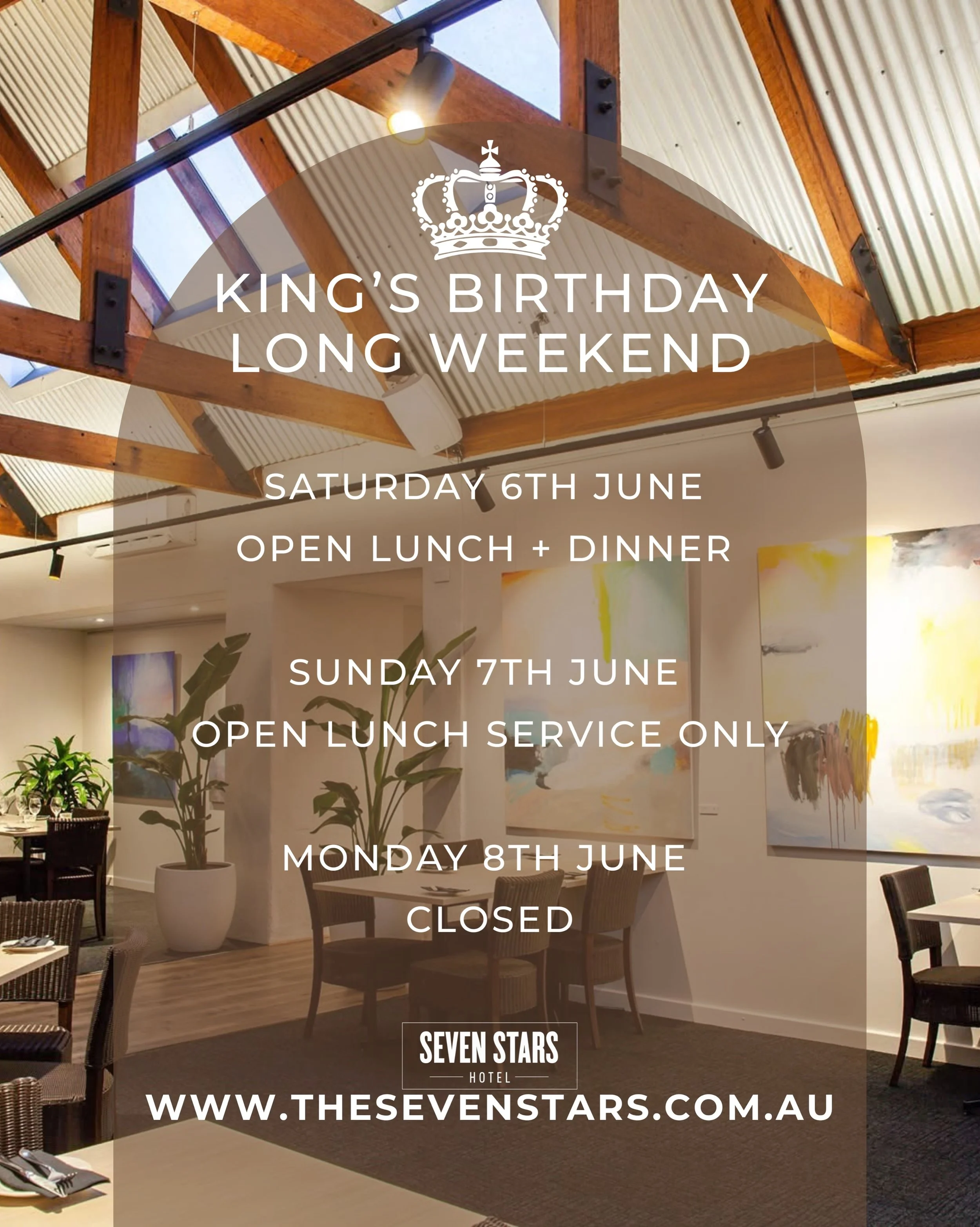 👑 King&rsquo;s Birthday Long Weekend 

Join us for great food, great company, and a relaxing long weekend.

🍽️ Saturday: Lunch &amp; Dinner
🍽️ Sunday: Lunch Service
🔒 Monday: Closed
