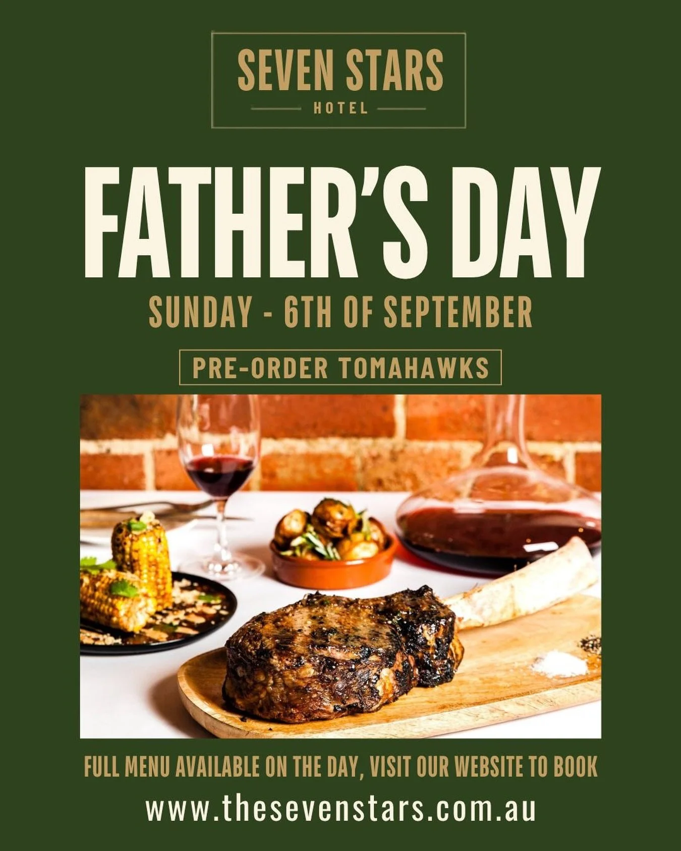 What could your Dad love more than a trip to the pub for Father&rsquo;s Day? Lunch including a Tomahawk and all the sides. A-la-carte menu also available.

Book via the link in our bio or contact us to pre-order your Tomahawk. @sevenstarshotel
