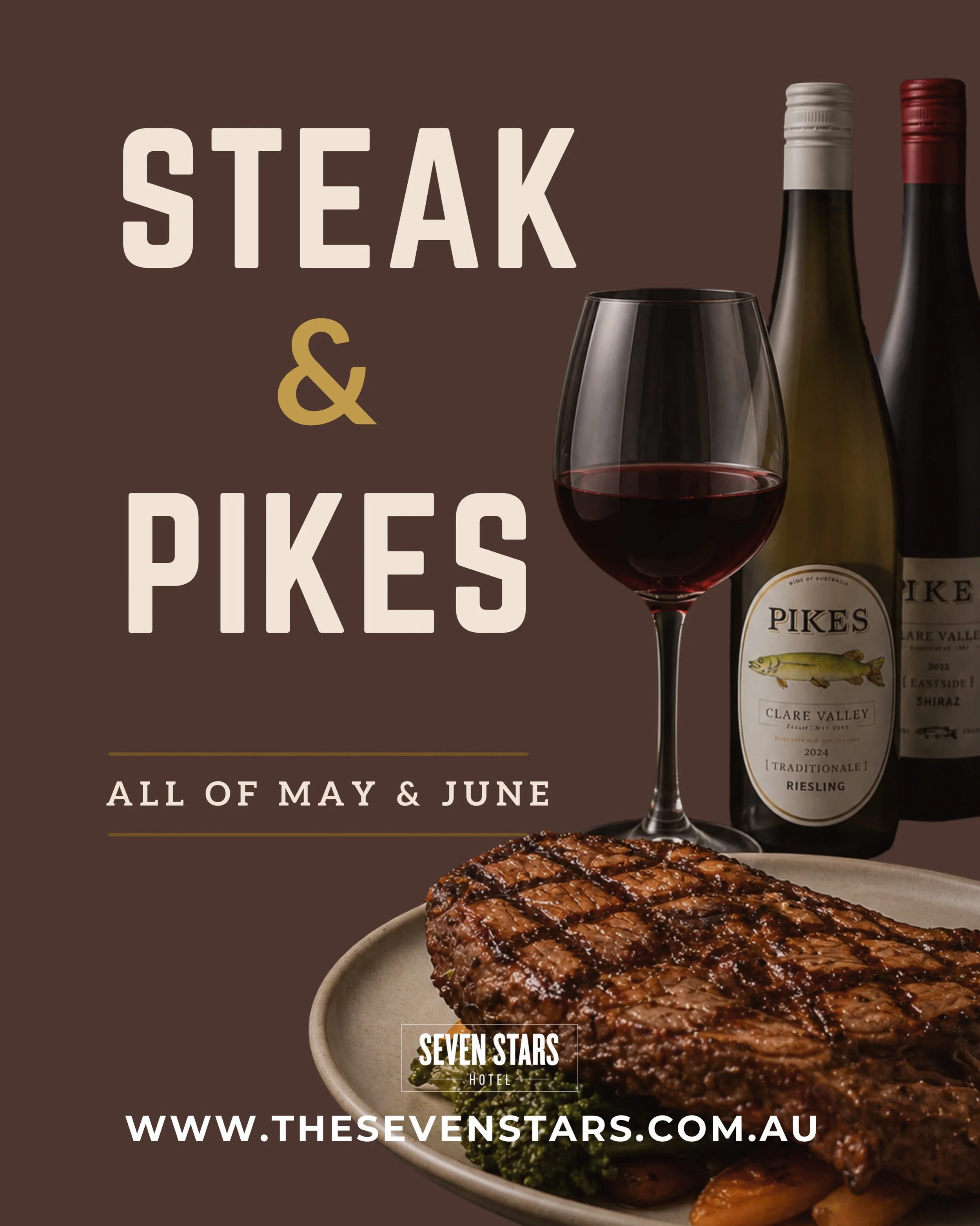 Buy any steak and add a glass of @pikeswines Riesling or Sangiovese for only $10.

🍷 @sevenstarshotel