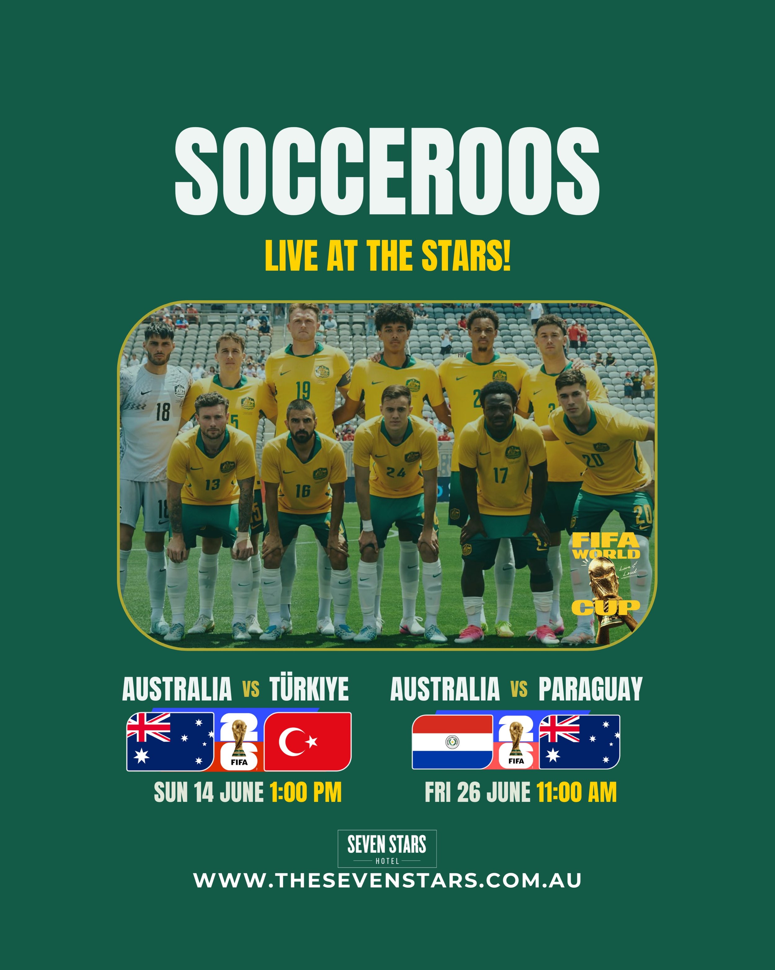🇦🇺Socceroos live at the Stars 

Two big games, two great excuses for a pub session.
📅 Sun 14 June | 1pm vs Turkiye
📅 Fri 26 June | 11am vs Paraguay&nbsp;
🍺 Hahn Super Dry &amp; Hahn 3.5% specials&nbsp;&nbsp;
🎉Every Socceroos goal = a shout for 