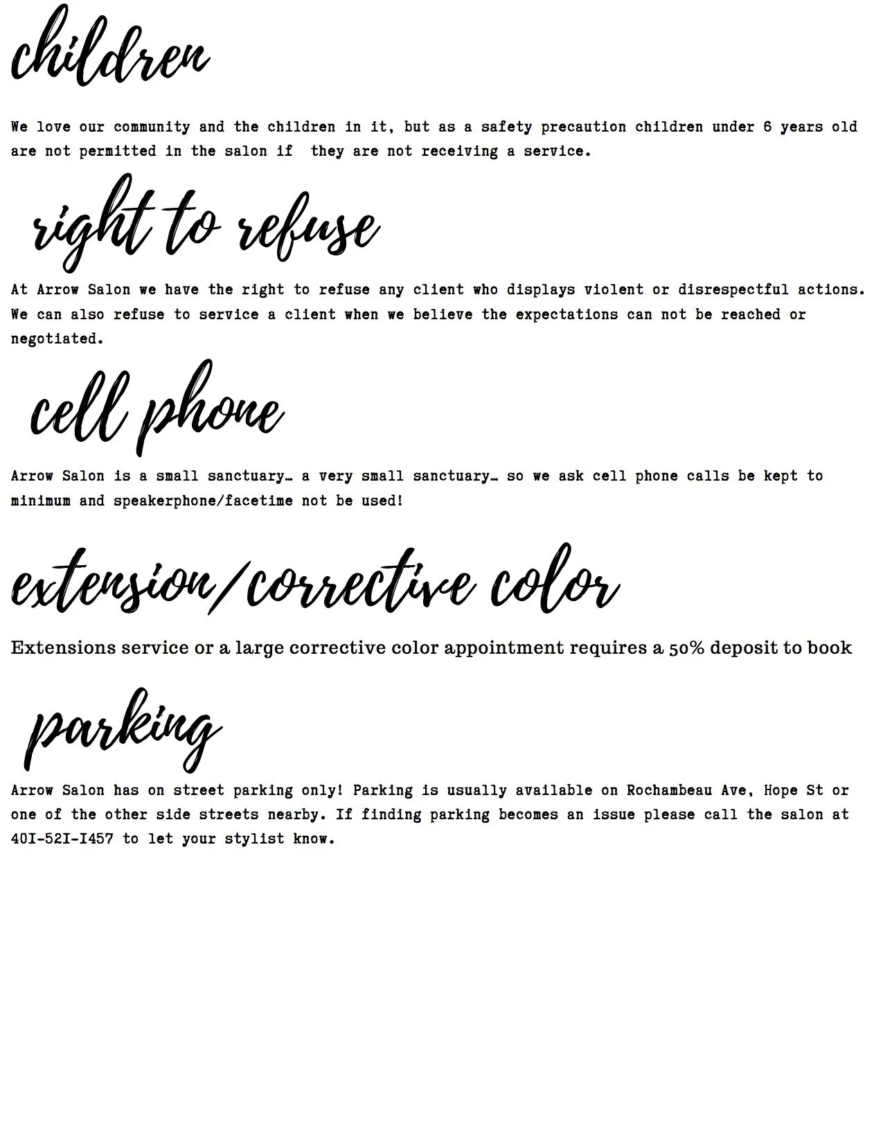 SALON POLICIES — arrow salon
