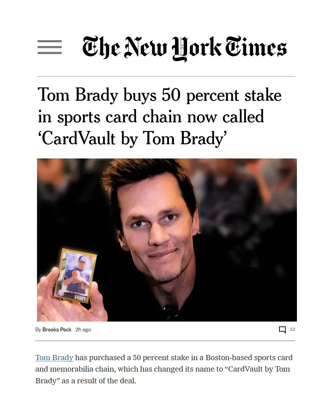 New York Times coverage featuring CardVault by Tom Brady.